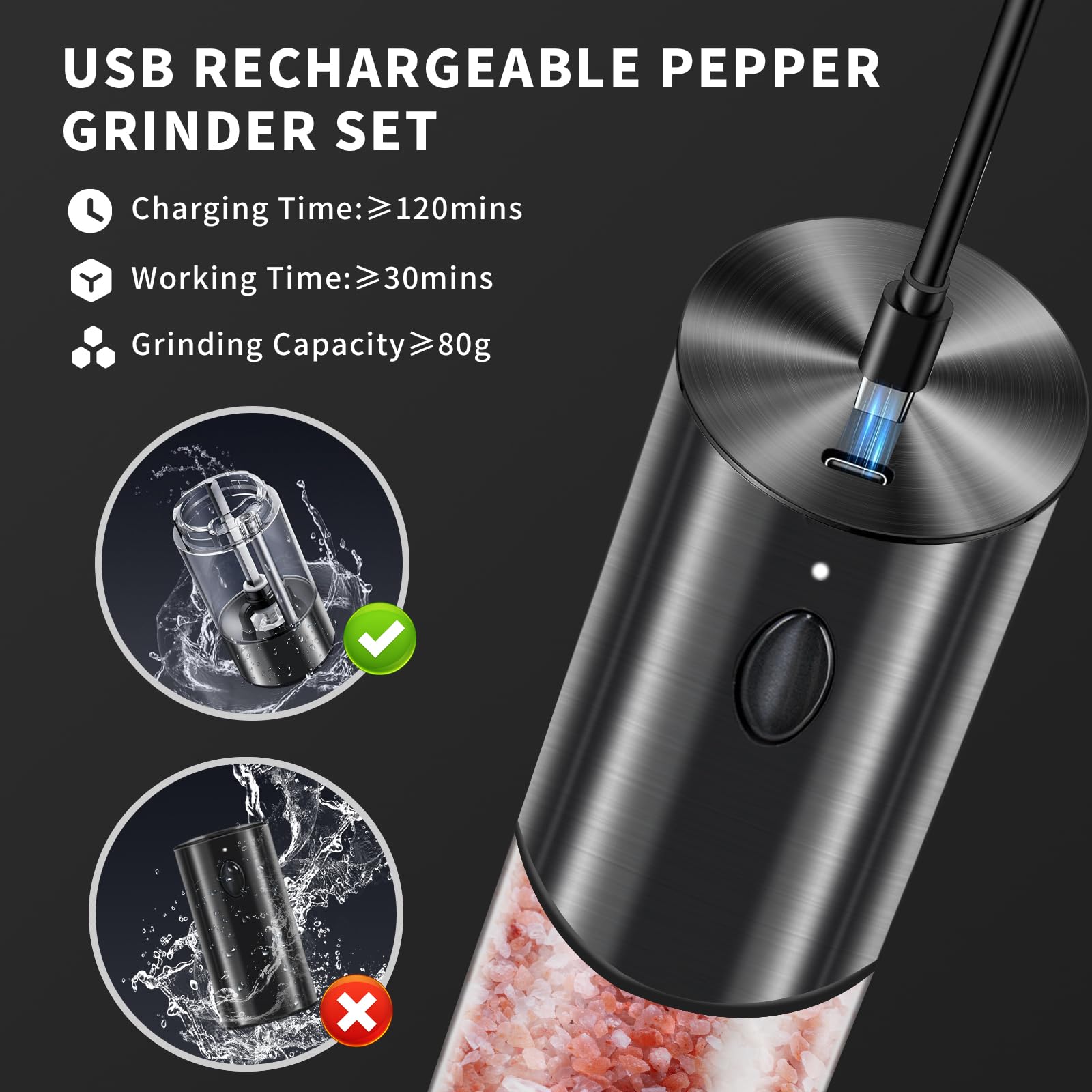 Upgraded Larger Capacity Electric Salt and Pepper Grinder Set Rechargeable with LED lights, Stainless Steel Automatic Salt and Pepper Mill Set Refillable with 5 Adjustable Coarseness