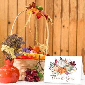 Whaline 30 Pack Fall Thank You Cards Bulk Watercolor Autumn Leaves Pumpkin Thank You Note Cards with Kraft Envelopes Stickers for Wedding Thanksgiving Harvest