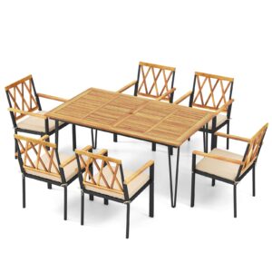 Tangkula 7-Piece Patio Dining Set, Acacia Wood Outdoor Furniture Set with 2” Umbrella Hole and Seat Cushions, Rectangular Dining Table and 6 Chairs Set for Patio Garden Poolside Backyard