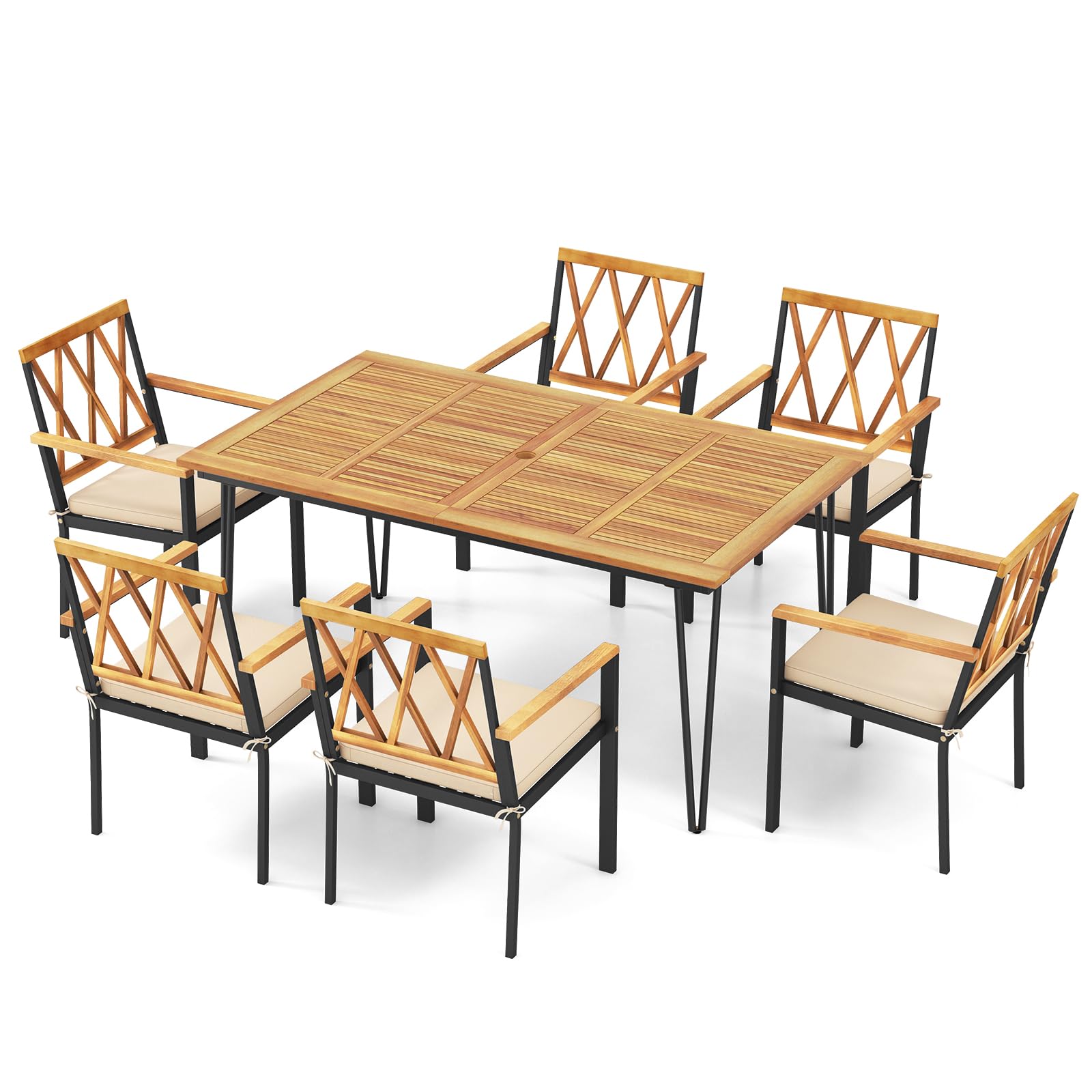 Tangkula 7-Piece Patio Dining Set, Acacia Wood Outdoor Furniture Set with 2” Umbrella Hole and Seat Cushions, Rectangular Dining Table and 6 Chairs Set for Patio Garden Poolside Backyard