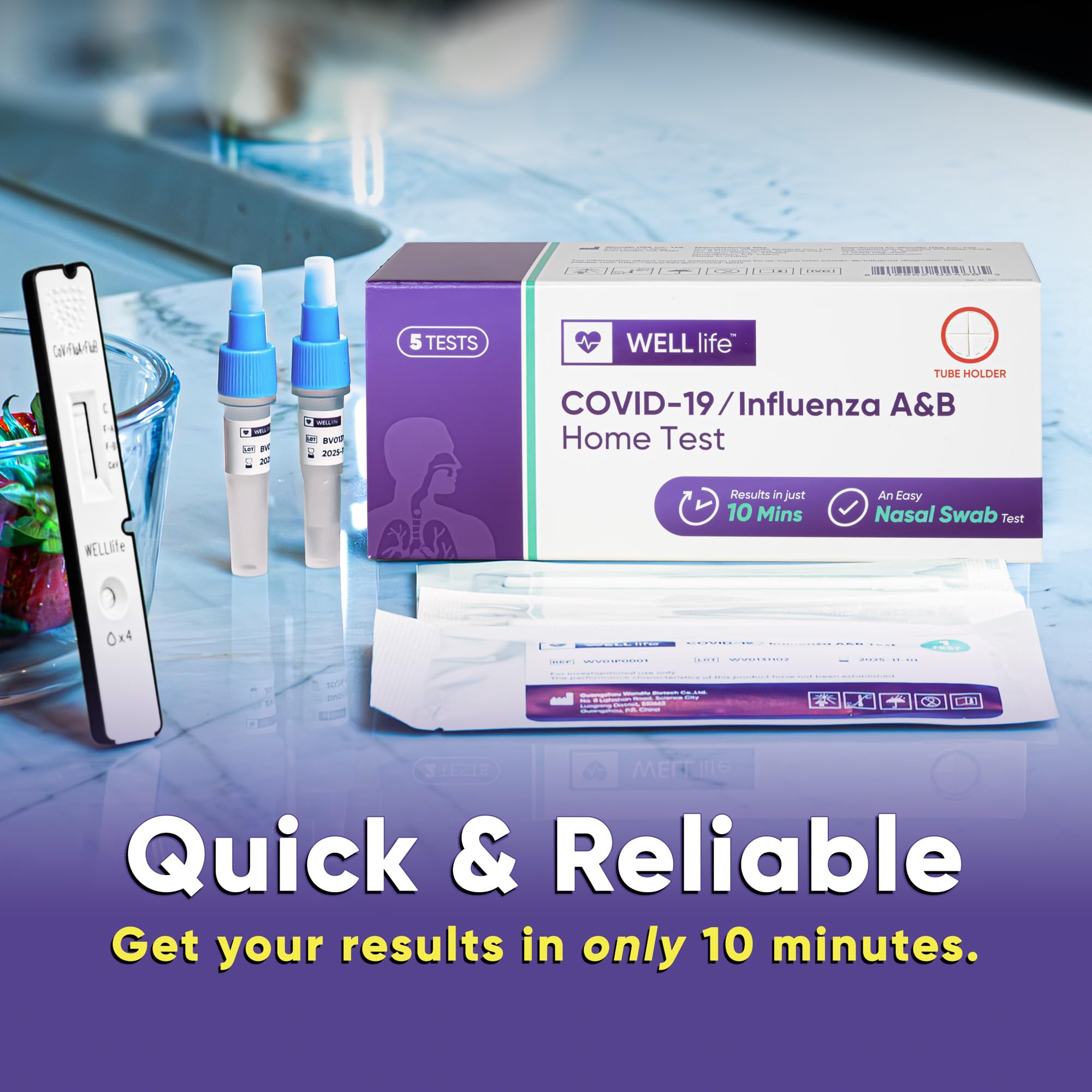 WELLlife COVID-19/Influenza A&B Home Test, Get Results for COVID-19 and Flu A/B in 10 Minutes,at Home Self Test with Non-invasive Nasal Swab, FDA EUA Authorized -[5 Tests]