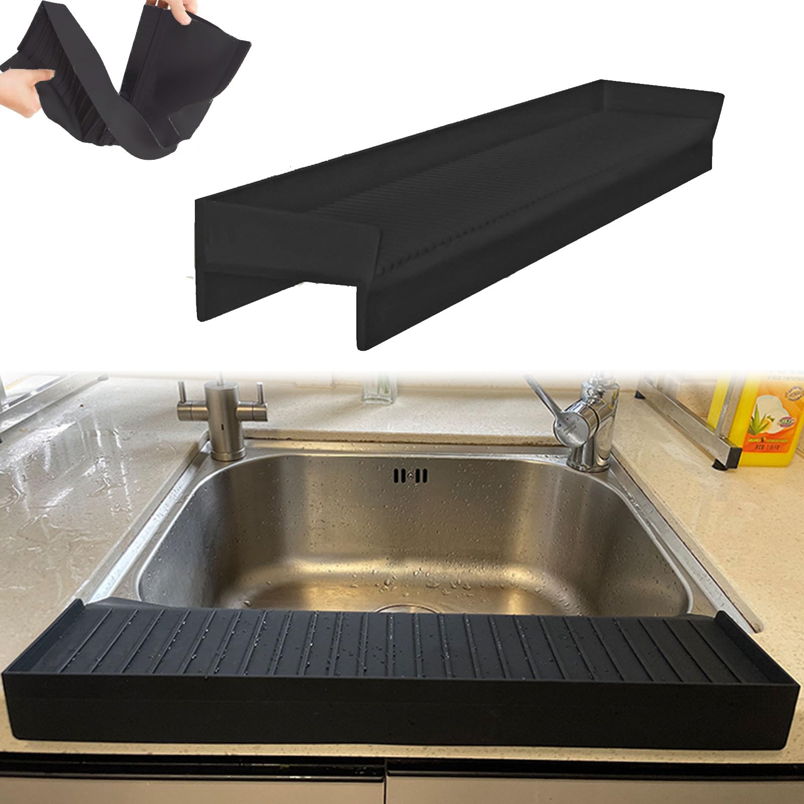 Silicone Sink Edge Protector ＆ Splash Guards for Kitchen Sink Bathtub Sink, Upgrade 5° Multifunction Silicone Sink Protector Countertop Protectors - 20" x 4" Sink Protector (Black)