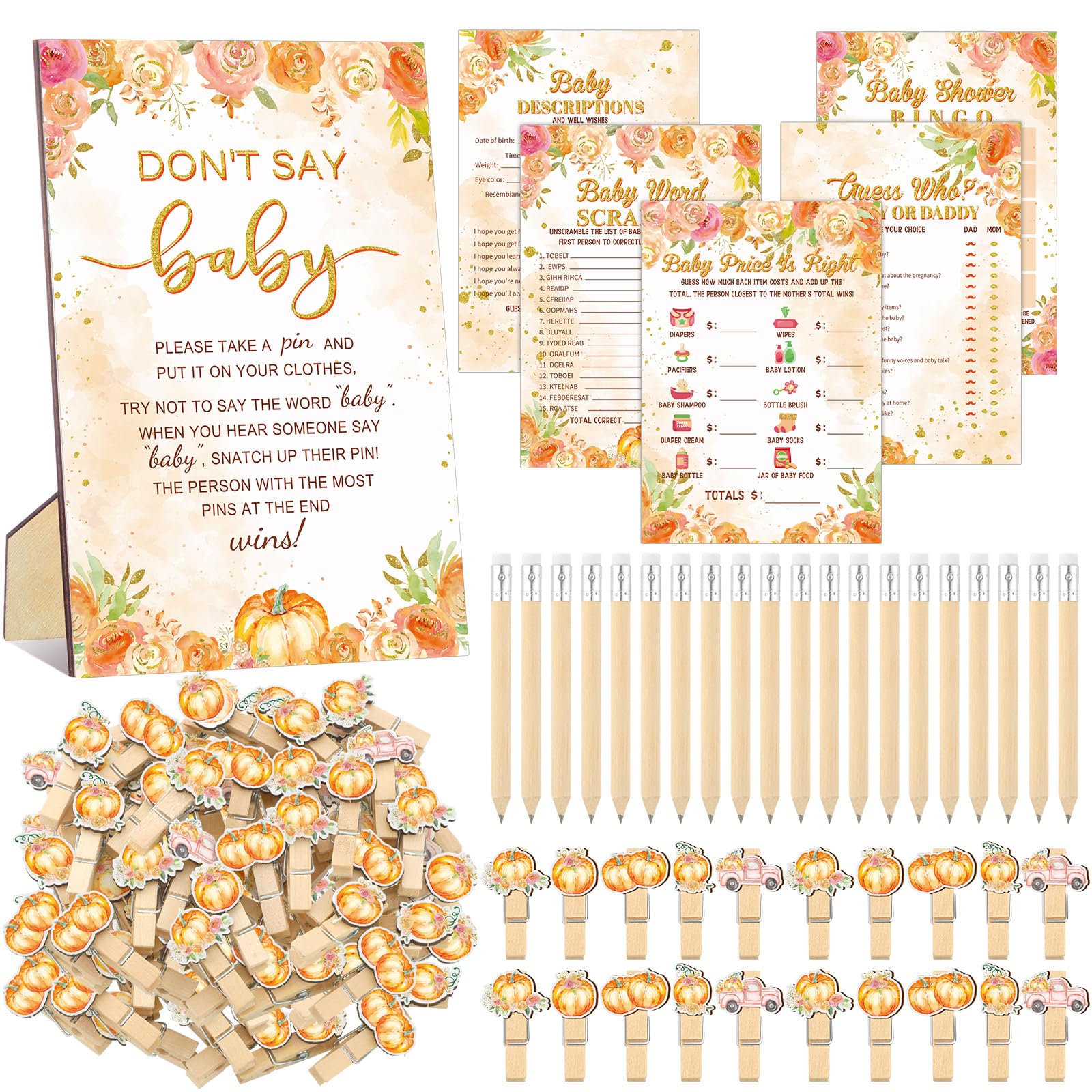 Patelai 321 Pcs Little Pumpkin Baby Shower Games Supplies, Fall Pumpkin Baby Shower Games 5 Sets (50 Cards Each) Activities Cards with 20 Pencils 1 Don't Say Baby Sign 50 Clothespin