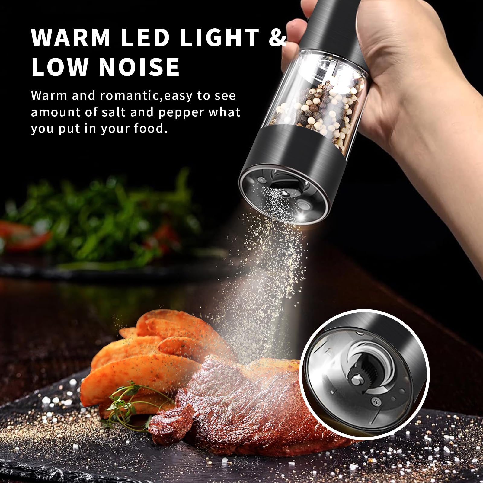 Upgraded Larger Capacity Electric Salt and Pepper Grinder Set Rechargeable with LED lights, Stainless Steel Automatic Salt and Pepper Mill Set Refillable with 5 Adjustable Coarseness