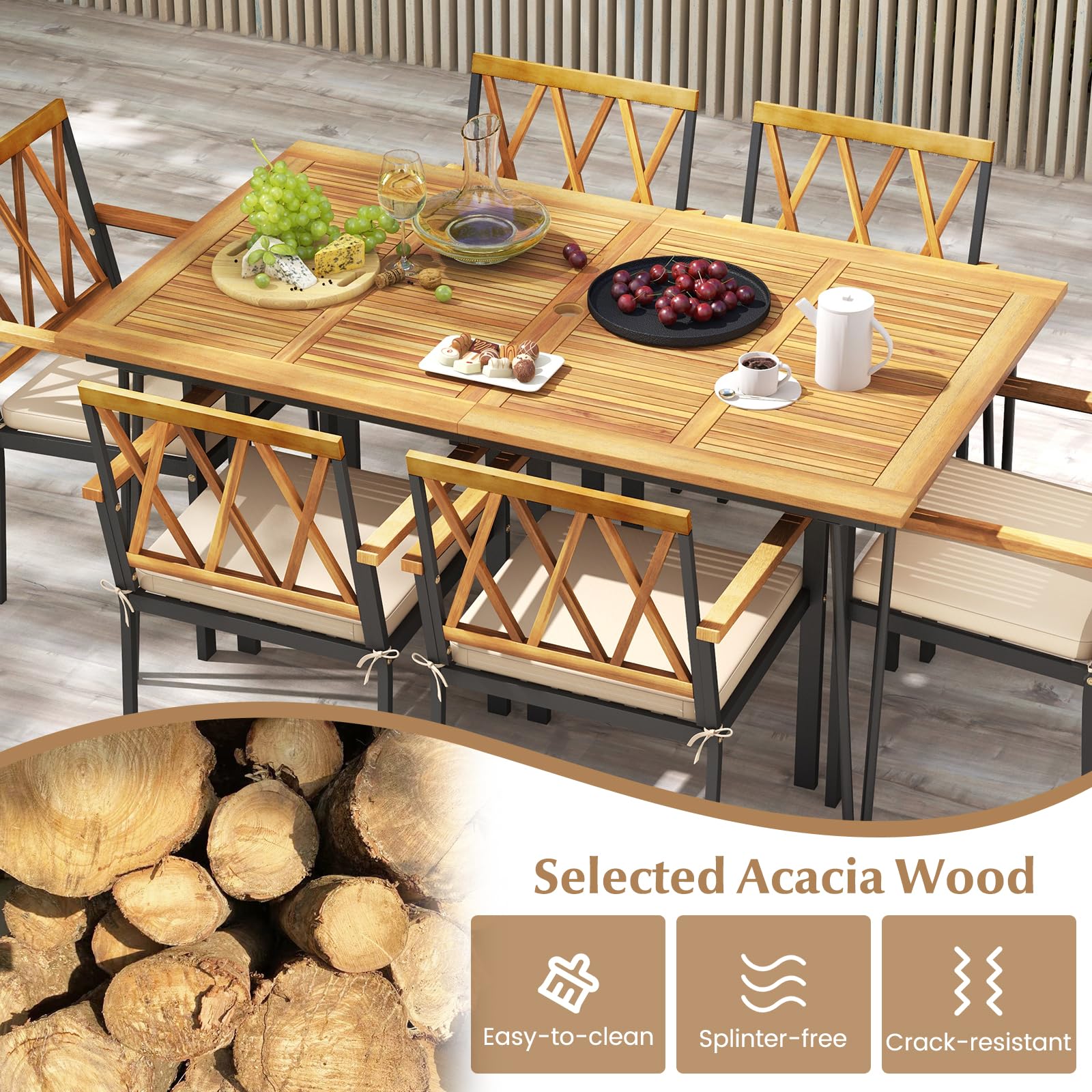 Tangkula 7-Piece Patio Dining Set, Acacia Wood Outdoor Furniture Set with 2” Umbrella Hole and Seat Cushions, Rectangular Dining Table and 6 Chairs Set for Patio Garden Poolside Backyard