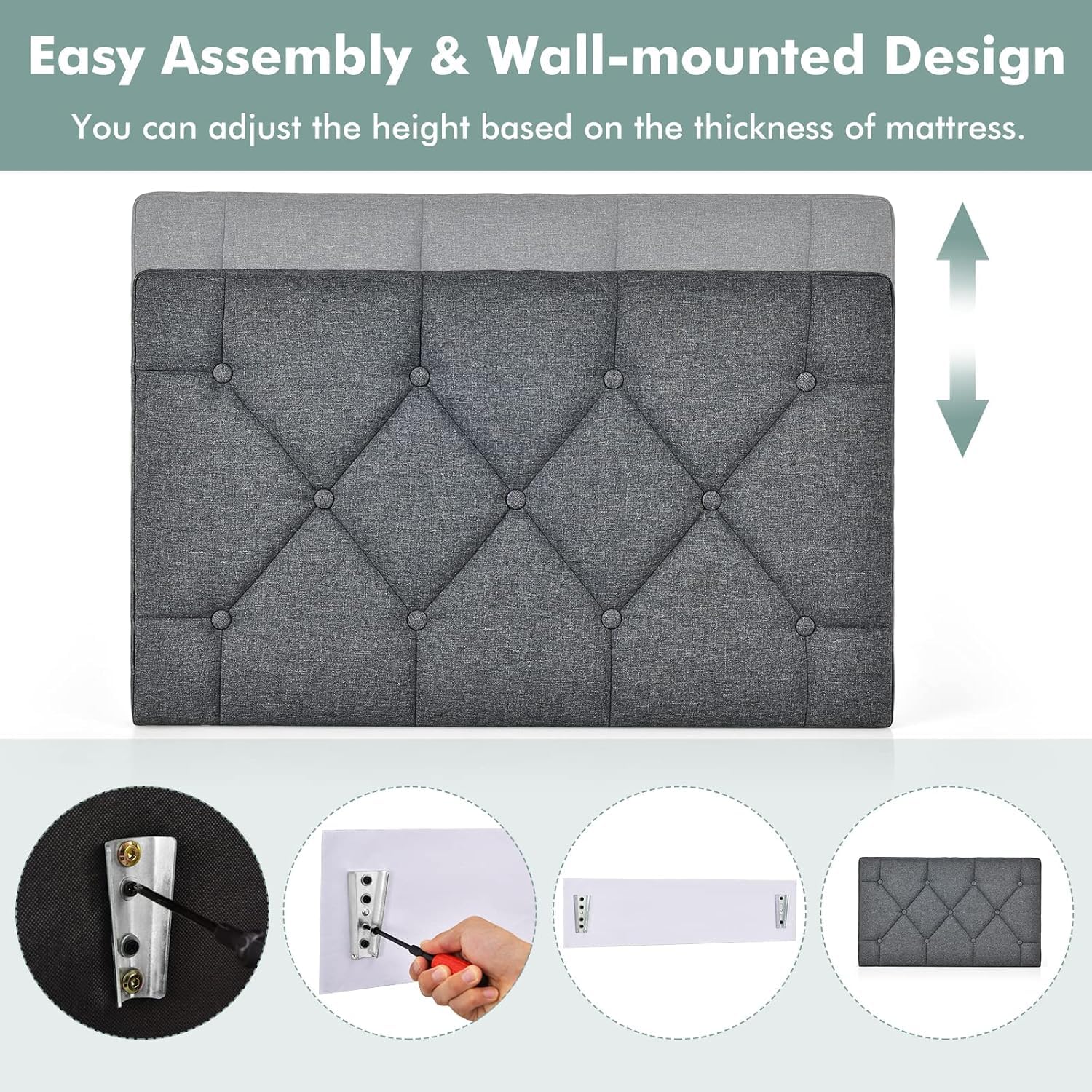 HOMGX Upholstered Twin/Twin XL Headboard, Linen Tufted Button Headboard for Bedroom & Guest Room, Wall-Mounted Single Headboard, Includes Connecting Device