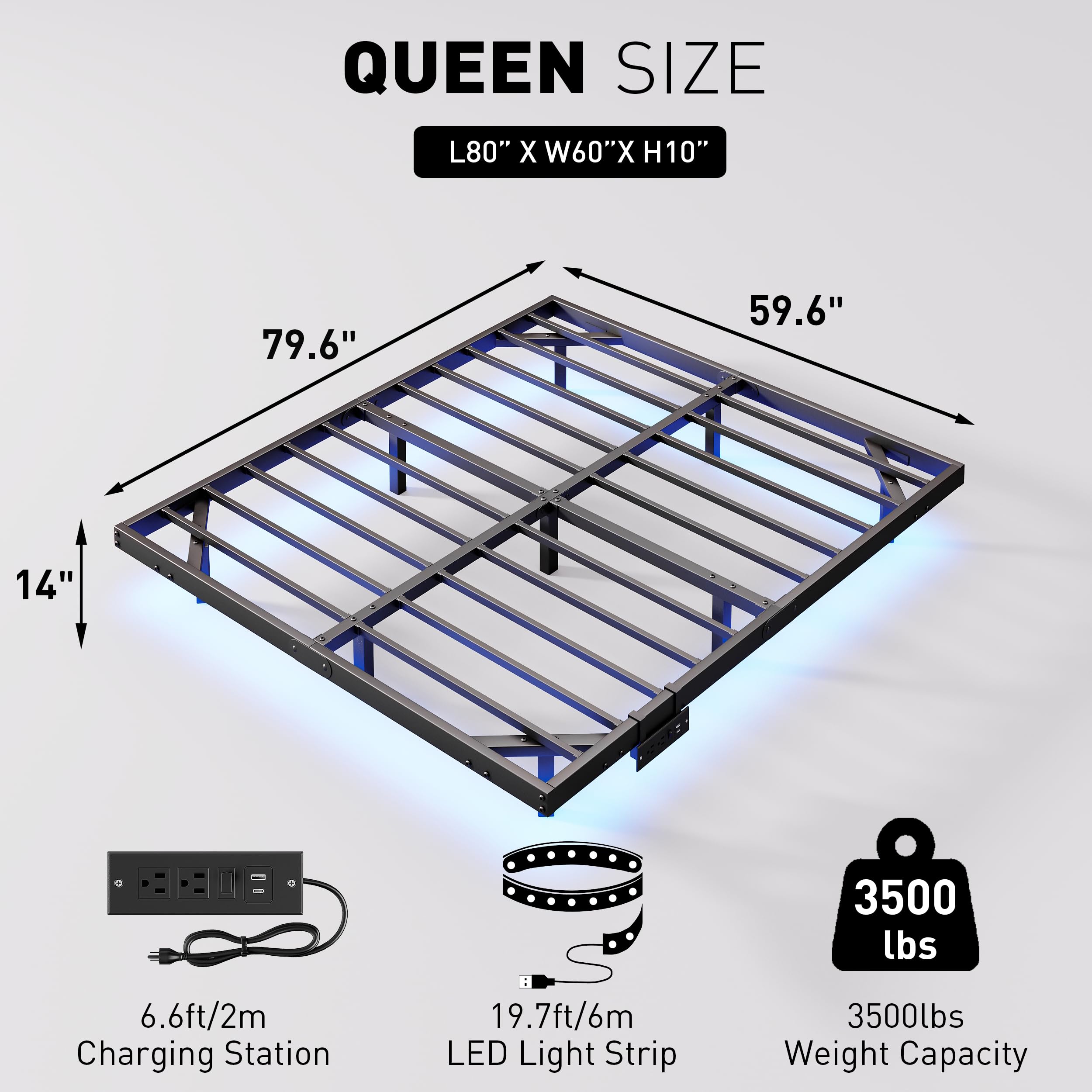 qimamo 14 Inch Floating Queen Bed Frame with Smart LED Lights and Charging Station, Modern Metal Queen Bed Frame, Easy to Assemble, No Box Spring Needed (Queen)