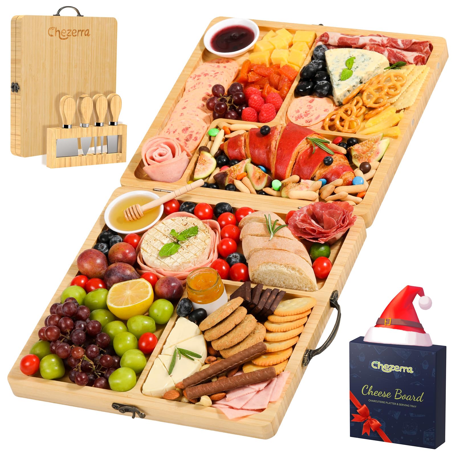 Charcuterie Boards Gift Set, Chezerra Bamboo Cheese Board Set, Folding Cheese Board with Handle, Cheese Knife Set - Unique White Elephant, House Warming, Wedding Gift, Portable Outdoor Cheese Plate