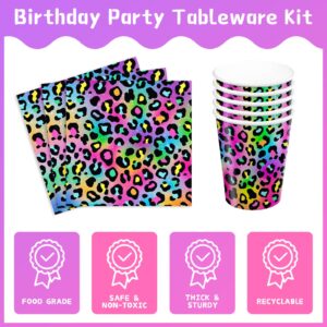 XIENBLOC 120pcs Neon Rainbow Leopard Birthday Party Supplies Plates Napkins Cheetah Girl's Sparkly Splatter Paper Tableware Set Disposable Cups Pink Forks 24 Guests