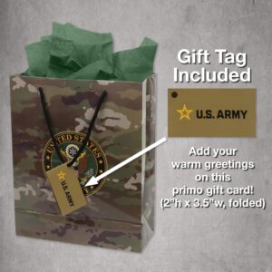 Havercamp U.S. Army Gift Bag (1) Durable Medium Gift Bag Includes 2 Hunter Green Tissue Papers, Black Rope Handles & Gift Tag, Army Themed Gift Bag, Veteran Gifts (Army Brown & Green)