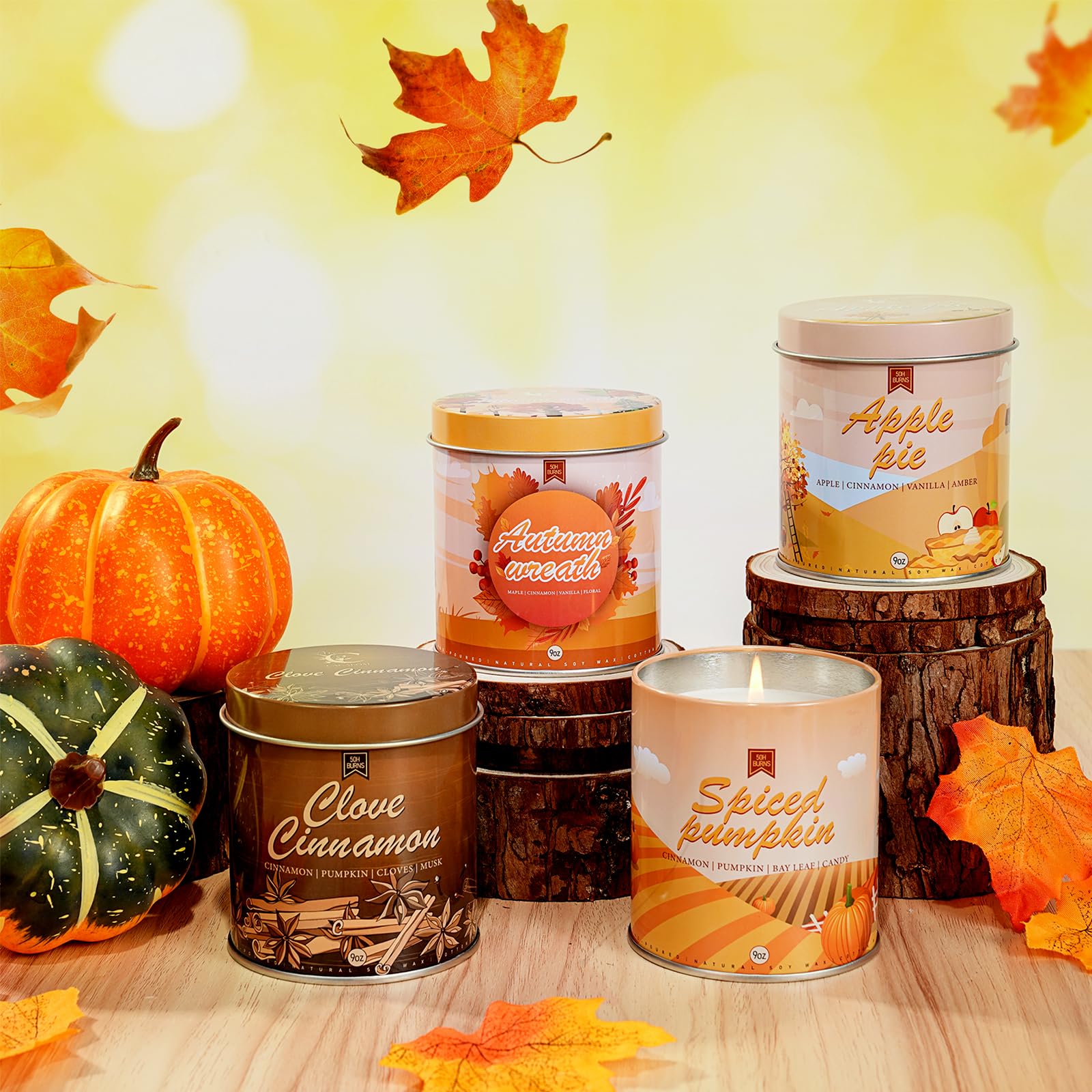 Fall Candle Set, Fall Scented Candles for Home, 4 Pack Autumn Candle Soy Wax Candles for Home Scent, Fall Gifts for Women Men, Fall Fragrance of Pumpkin/Autumn Wreath/Apple Pie/Clove Cinnamon