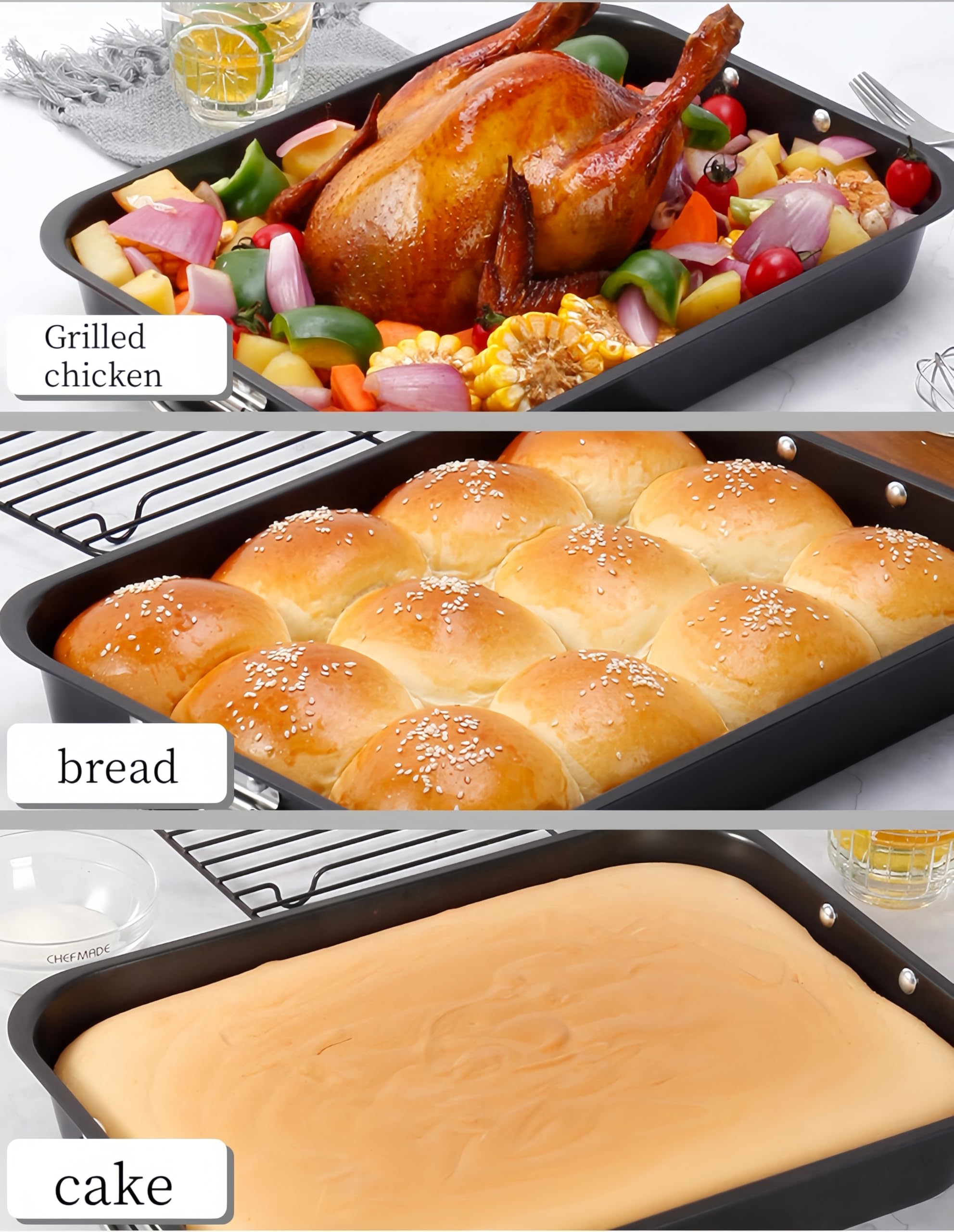 Roasting Pan with Rack and Handles-15" Heavy Duty Carbon Steel Roaster Pan for Oven - Turkey Chicken Meat & Vegetables,Toaster Oven Tray Pans with cooling rack,Baking Sheet with Rack Dishwasher Safe