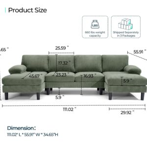 LINSY HOME U Sectional Couch, 111'' W Corduroy Sofa with Sleepable Armrests, 4 Seat Couch with Double Chaises, Deep Sofa for Living Room, Army Green