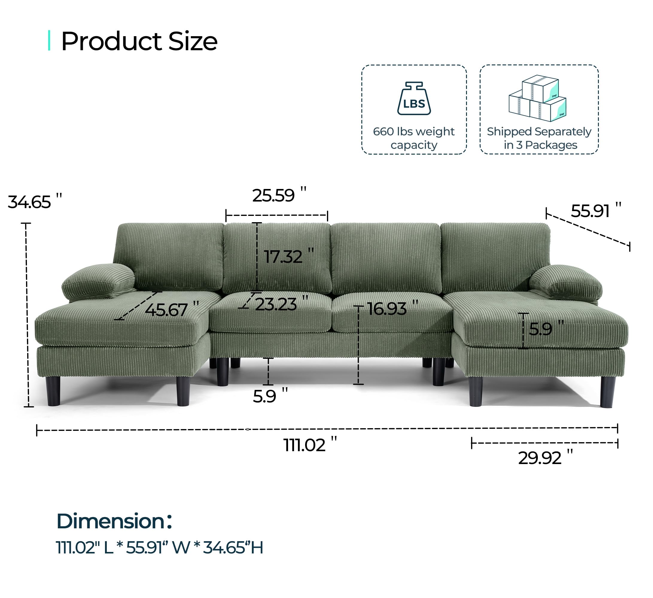 LINSY HOME U Sectional Couch, 111'' W Corduroy Sofa with Sleepable Armrests, 4 Seat Couch with Double Chaises, Deep Sofa for Living Room, Army Green