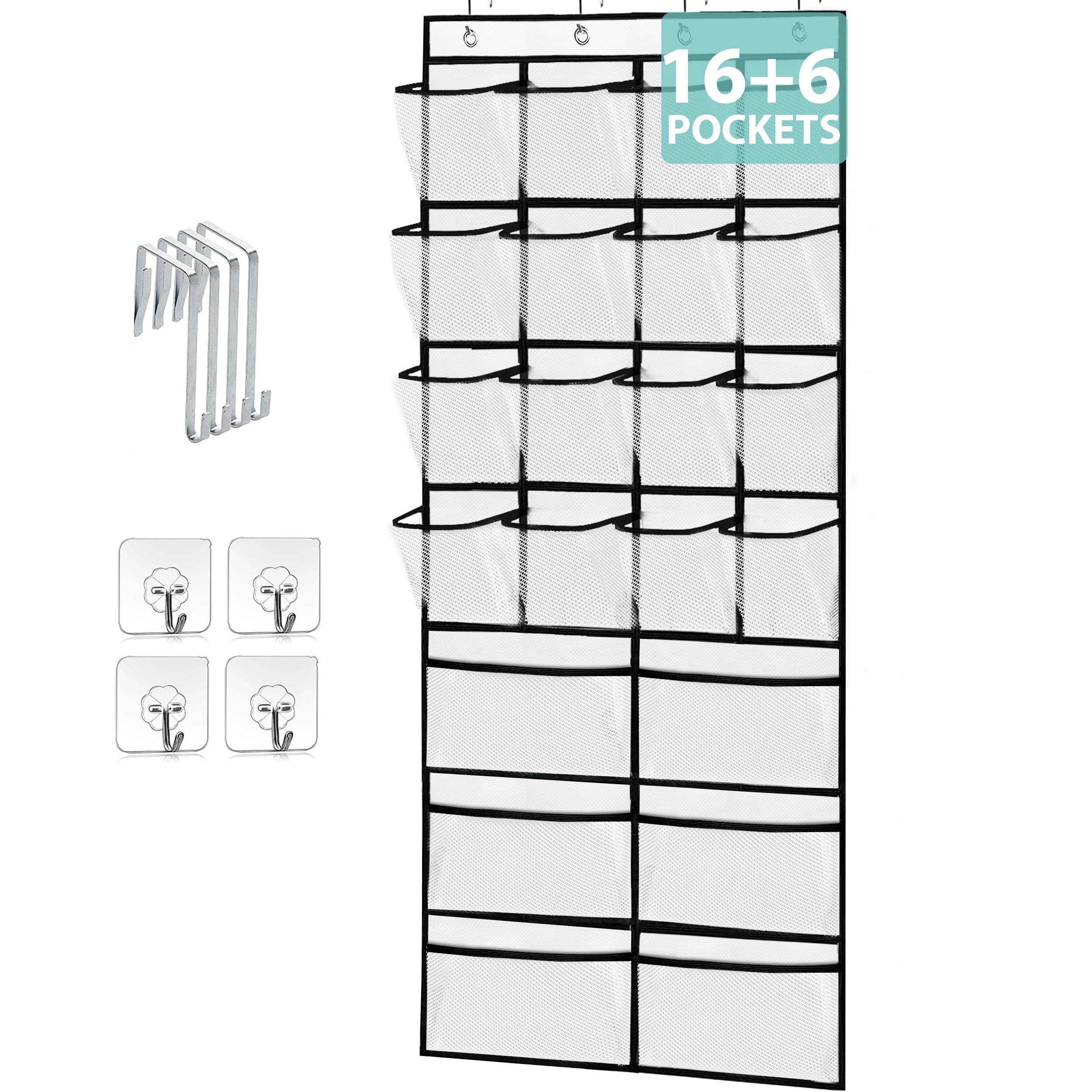 Over the Door Shoe Organizer, Hanging Shoe Rack, Back Door Shoe Storage Organizer wtih 2 Style Sturdy Breathable Ventilated Visible Mesh Pockets and 2 Style Hooks for Nursery, Bedroom, Living Room