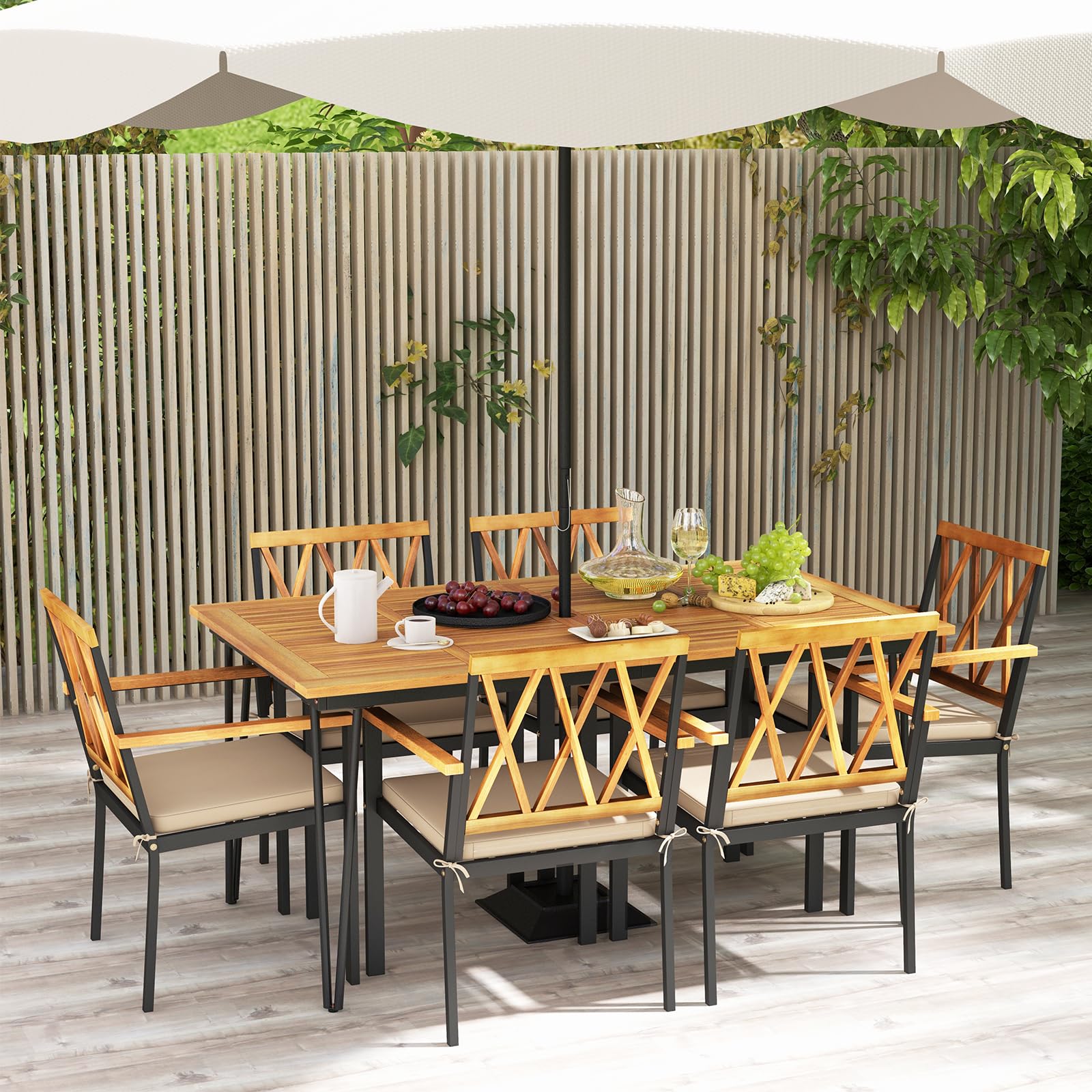 Tangkula 7-Piece Patio Dining Set, Acacia Wood Outdoor Furniture Set with 2” Umbrella Hole and Seat Cushions, Rectangular Dining Table and 6 Chairs Set for Patio Garden Poolside Backyard