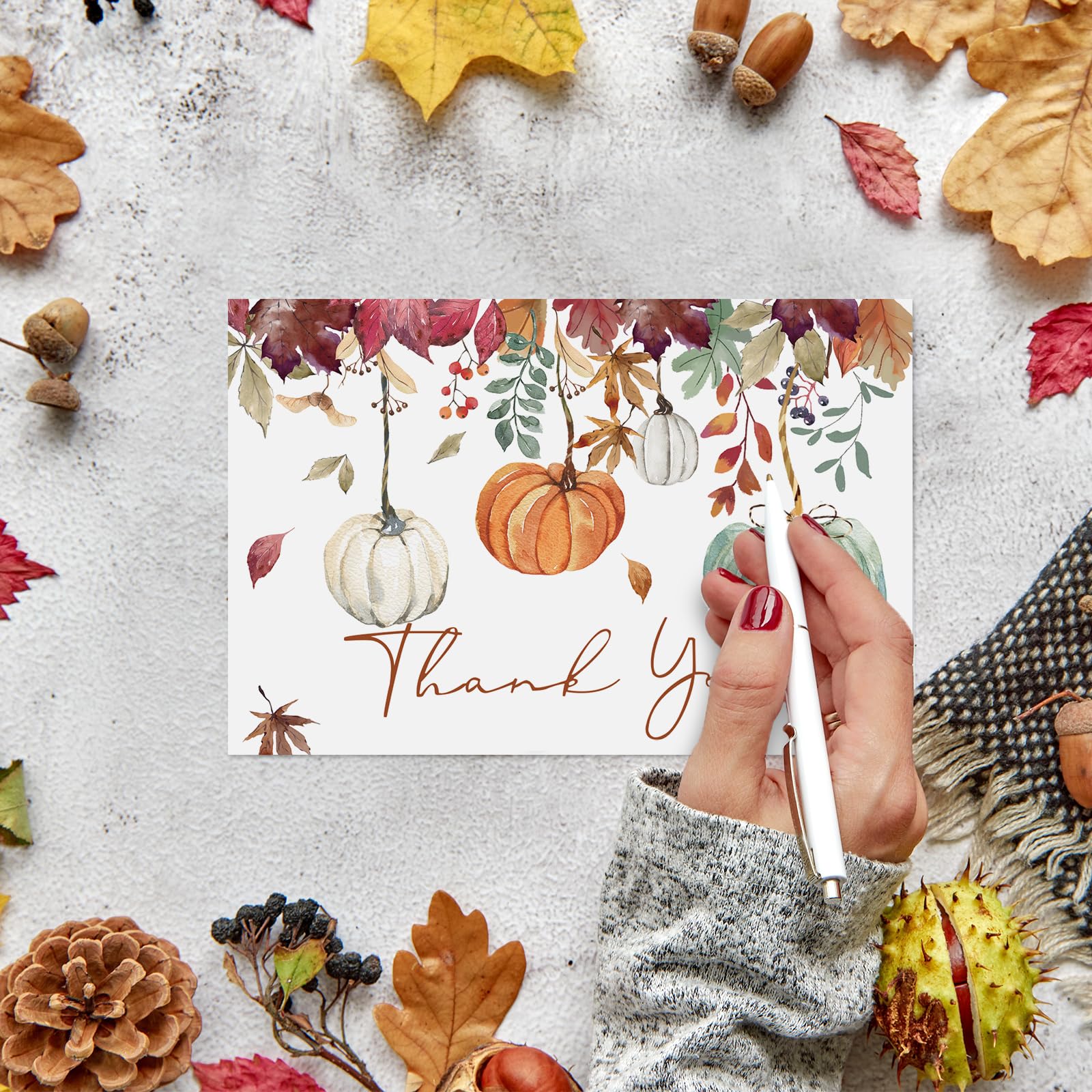 Whaline 30 Pack Fall Thank You Cards Bulk Watercolor Autumn Leaves Pumpkin Thank You Note Cards with Kraft Envelopes Stickers for Wedding Thanksgiving Harvest