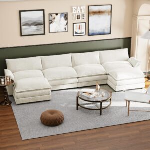 shahoo sectional modular sofa u shaped chenille fabric couch with high supportive & soft sponges and removable ottoman, sleeper comfy upholstered furniture for living room, white