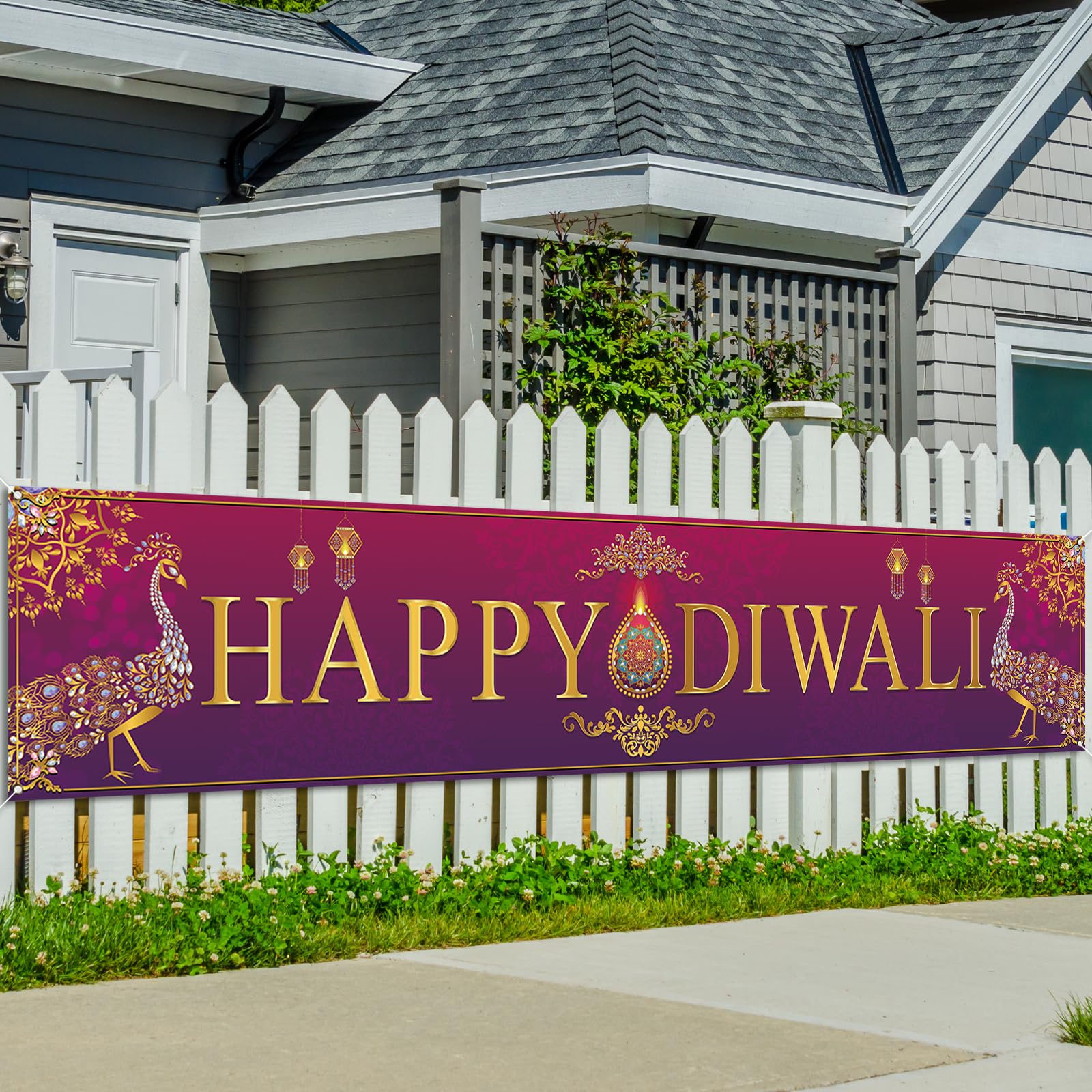 Large Happy Diwali Banner for Fence Indian Diwali Peacock Indian Deepavali Festival of Lights Party Decorations and Supplies for Home