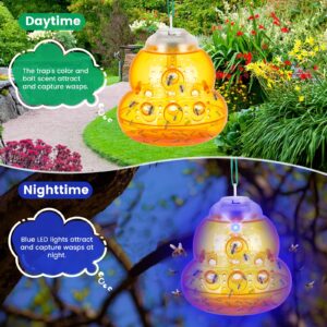 Solar Wasp Trap Outdoor Hanging, New Upgrade LED Blue Light Bee Traps Catcher, Wasp Insect Killer, Solar Panel Non-Toxic Reusable Hornet Yellow Jacket Trap - Orange, 2 Pack