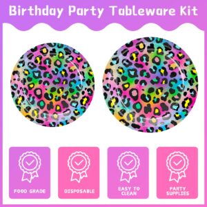 XIENBLOC 120pcs Neon Rainbow Leopard Birthday Party Supplies Plates Napkins Cheetah Girl's Sparkly Splatter Paper Tableware Set Disposable Cups Pink Forks 24 Guests