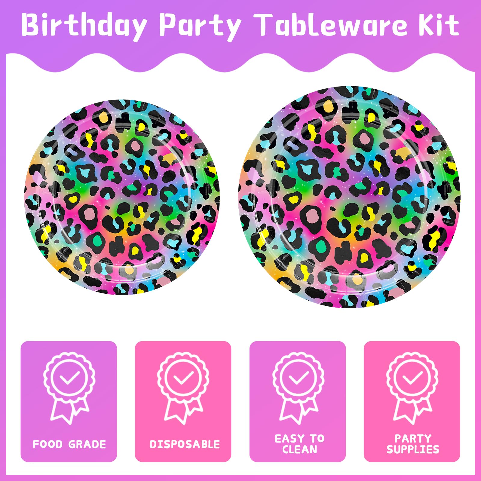 XIENBLOC 120pcs Neon Rainbow Leopard Birthday Party Supplies Plates Napkins Cheetah Girl's Sparkly Splatter Paper Tableware Set Disposable Cups Pink Forks 24 Guests