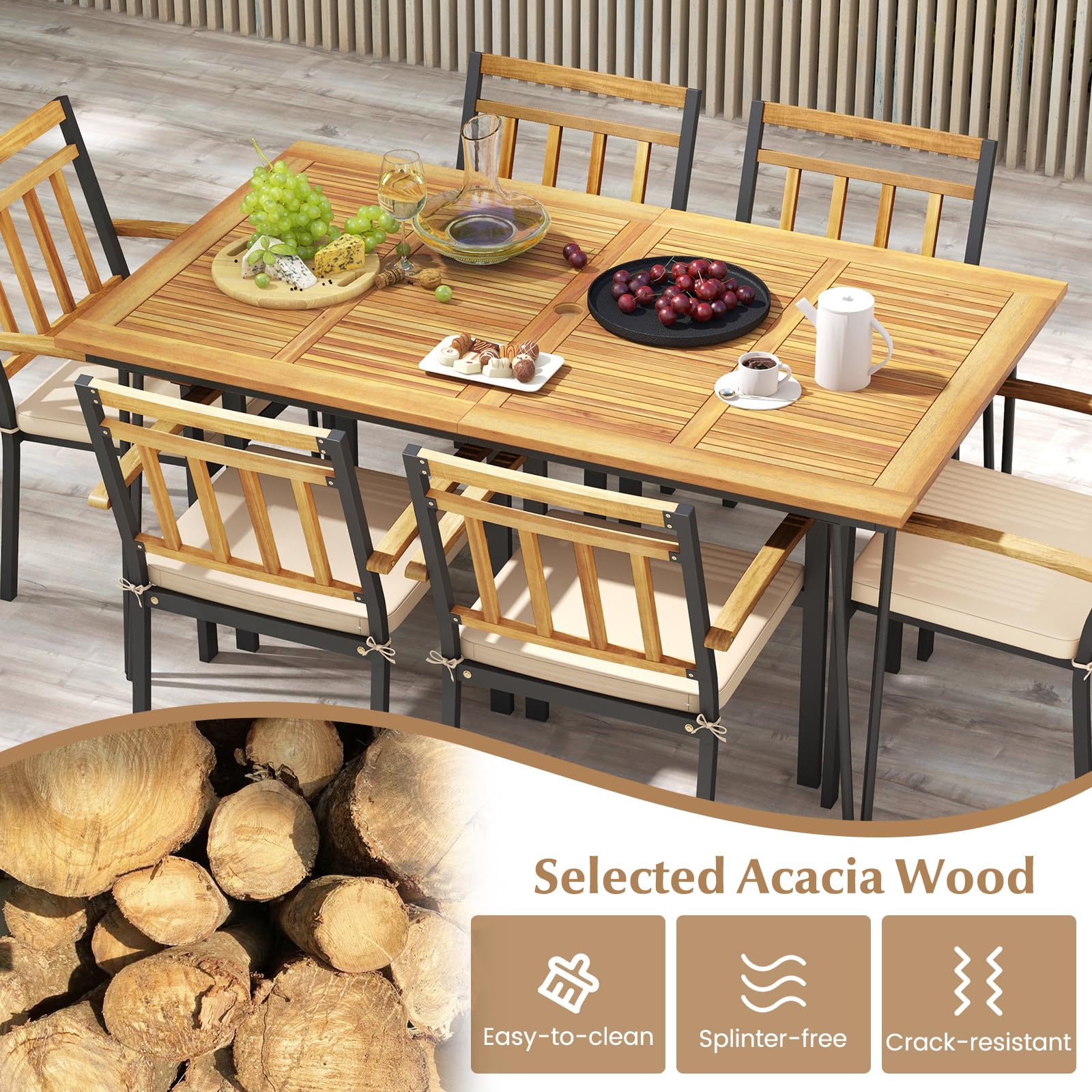 Tangkula 7 Pieces Patio Dining Set with Acacia Wood Dining Table & Armchairs, Soft Cushions, 2” Umbrella Hole, Outdoor Dining Furniture Set for Porch, Backyard, Garden, Poolside