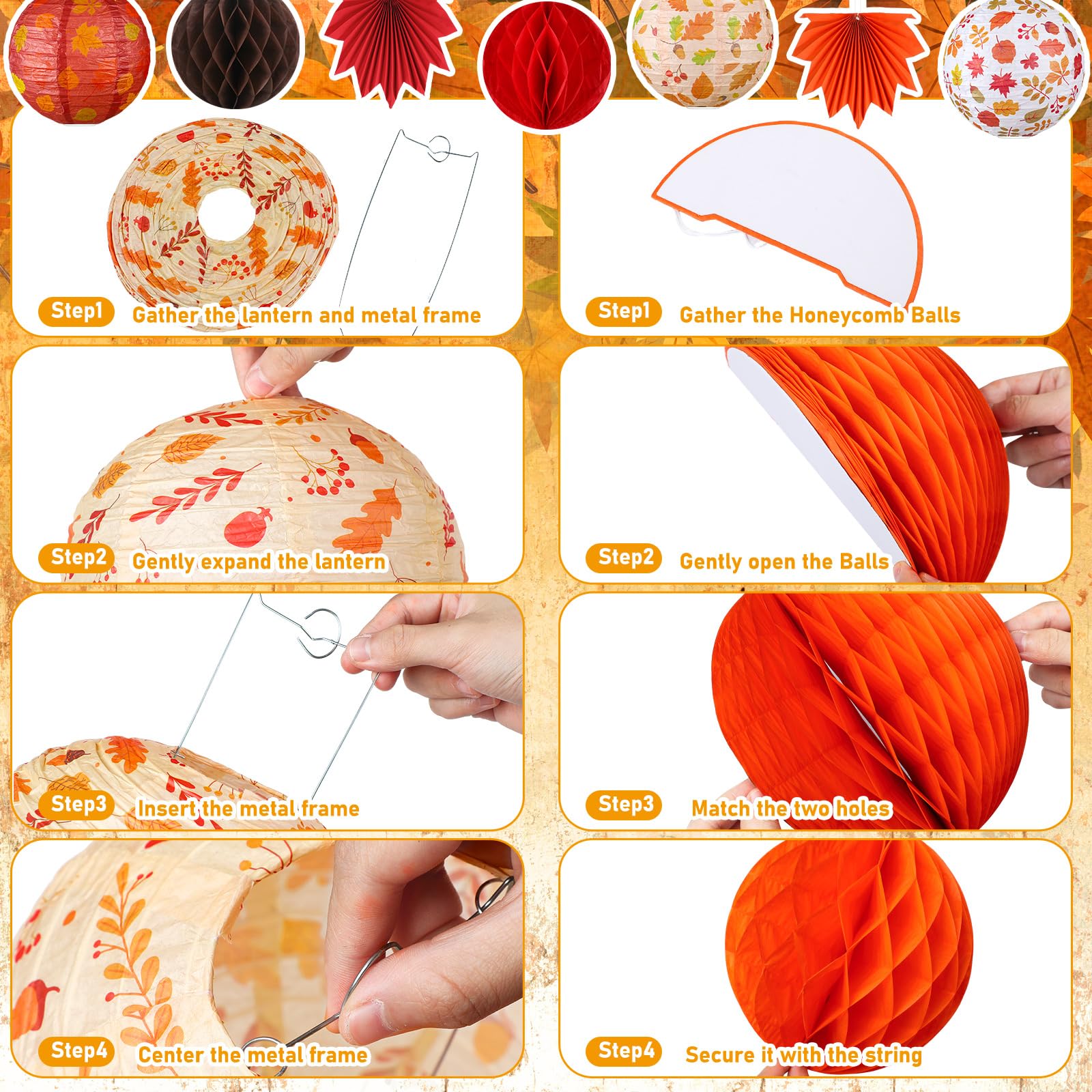 Retisee 18 Pcs Thanksgiving Party Decoration Fall Paper Lanterns Autumn Maple Leaves Paper Fans Round Honeycomb Orange Brown Lanterns Thanksgiving Hanging Decoration for Fall Harvest Party Supplies