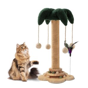 cat scratching post - cat scratcher kitten toys for indoor cats wooden ball track two-layer modern sisal 22" tall scratch post interactive toy with dangling ball