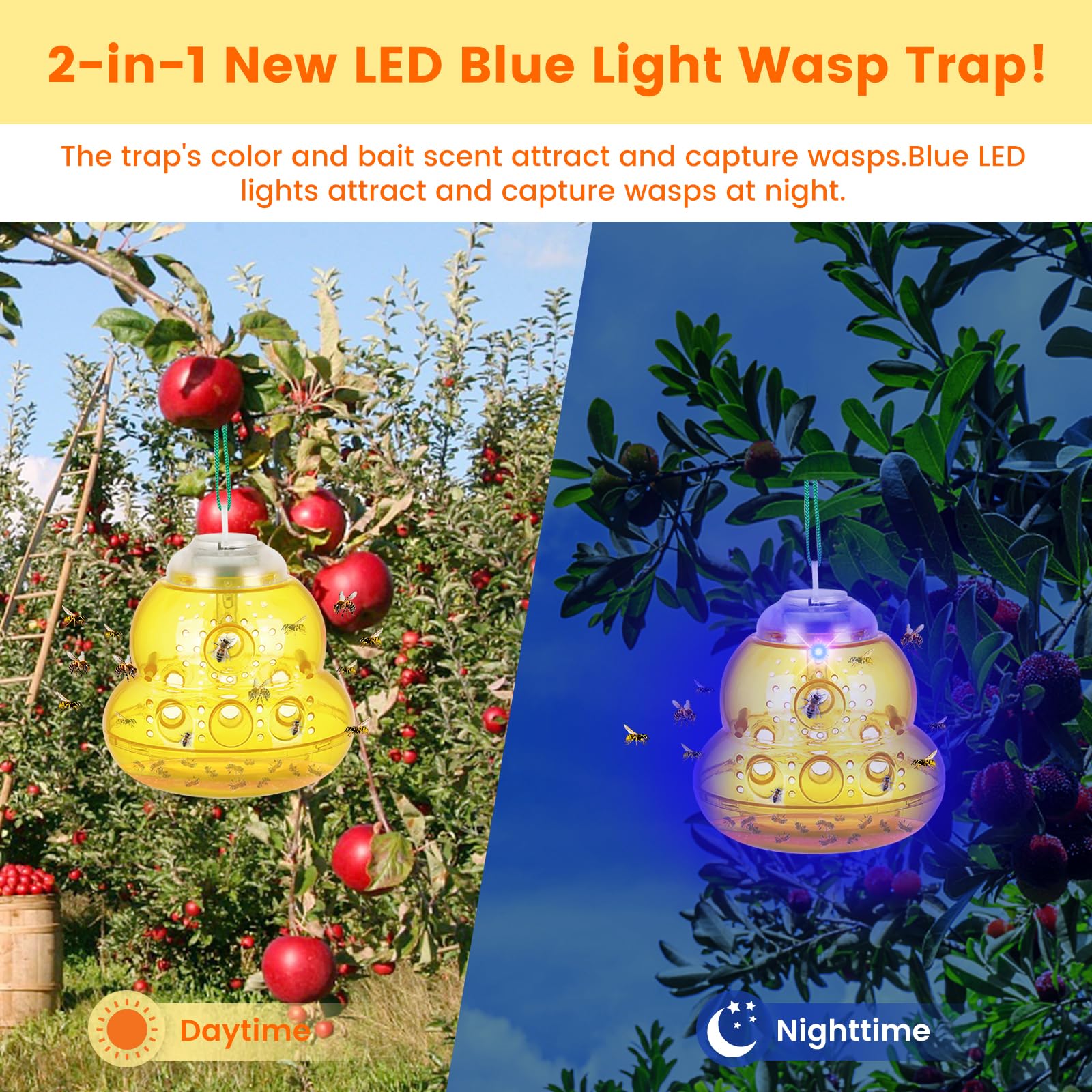 Solar Wasp Trap Outdoor Hanging, New Upgrade LED Blue Light Bee Traps Catcher, Wasp Insect Killer, Solar Panel Non-Toxic Reusable Hornet Yellow Jacket Trap for Garden, Yard (Yellow-2 Pack)