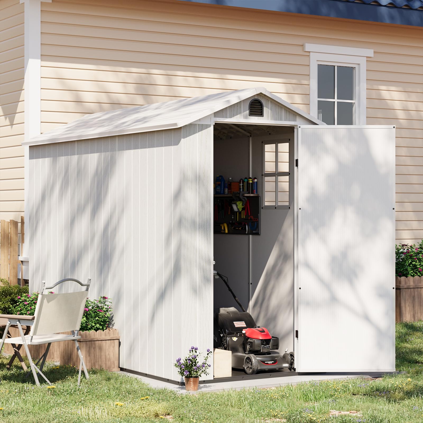 Patiowell 4' x 8' Outdoor Storage Shed with Floor, Plastic Shed Outside Resin Tool Shed with Two Windows and Lockable Door for Backyard Garden Patio Lawn, Light Grey (Fit-it Shed)