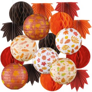 retisee 18 pcs thanksgiving party decoration fall paper lanterns autumn maple leaves paper fans round honeycomb orange brown lanterns thanksgiving hanging decoration for fall harvest party supplies