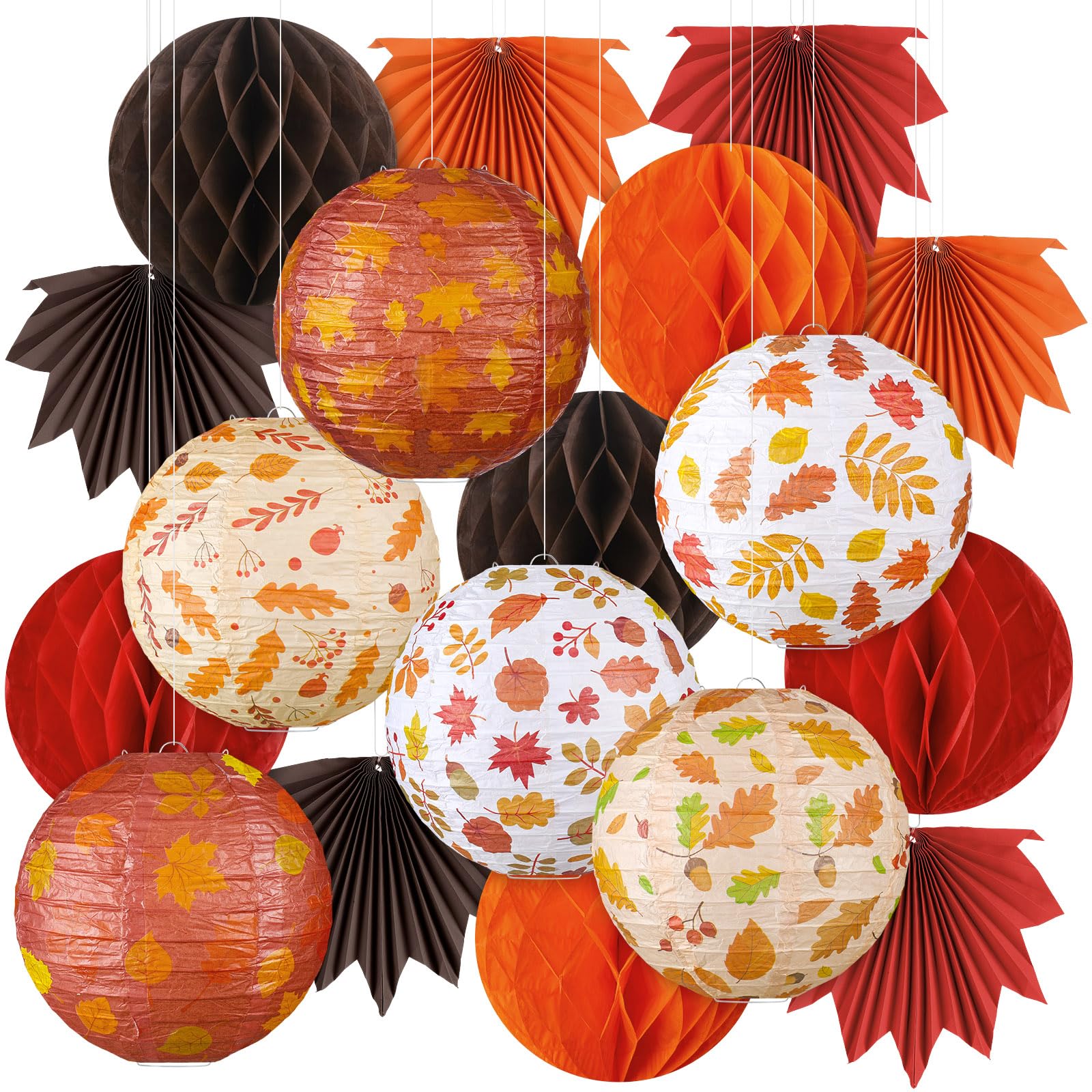 Retisee 18 Pcs Thanksgiving Party Decoration Fall Paper Lanterns Autumn Maple Leaves Paper Fans Round Honeycomb Orange Brown Lanterns Thanksgiving Hanging Decoration for Fall Harvest Party Supplies