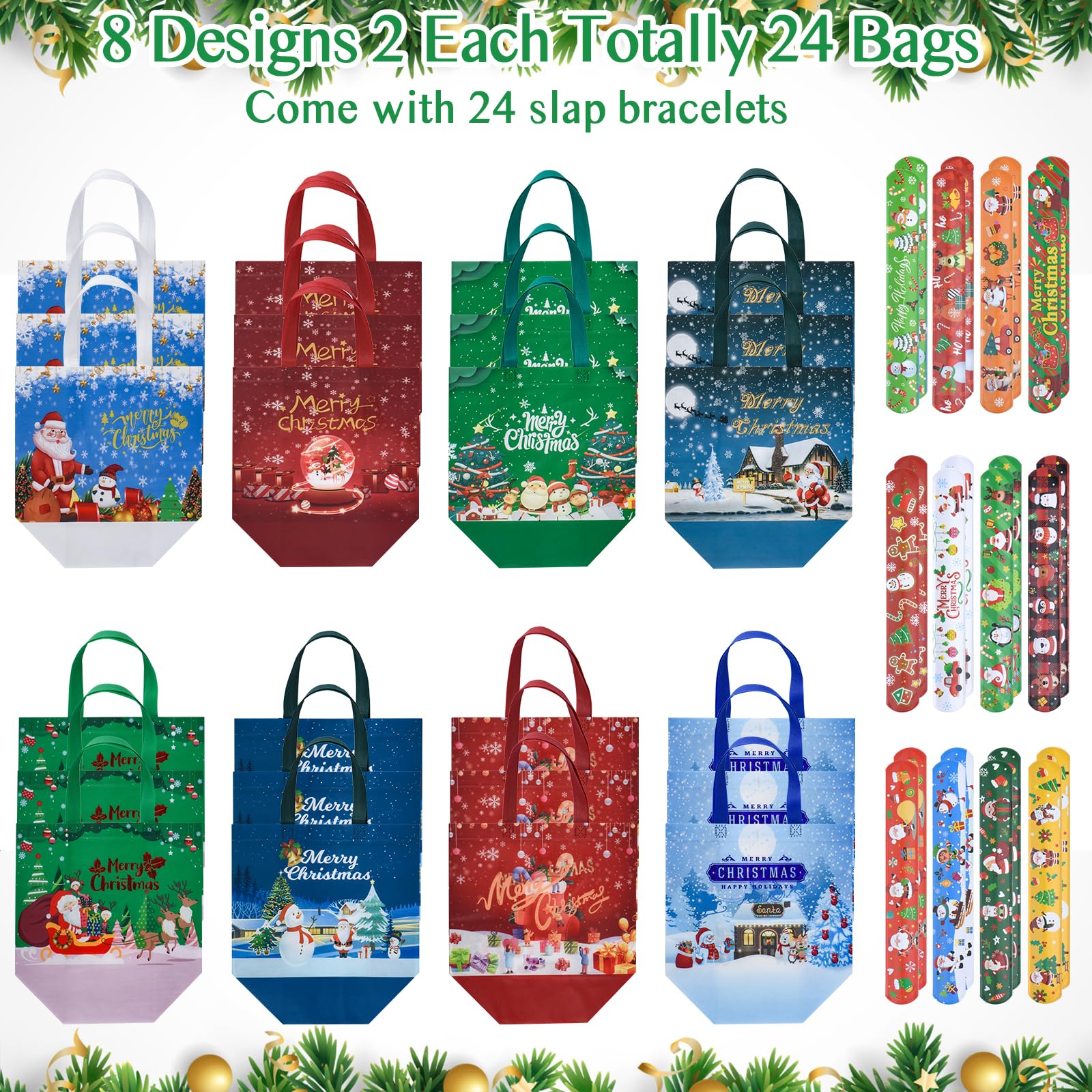 Tedmax Christmas Gift Bags,24pcs Christmas Treat Bags Non-woven Waterproof Christmas Goodie Bags,Reusable Christmas Bags Bulk Party Supplies Extra with 24Pcs Christmas Slap Bracelets,12.6"*6.7"*9.8