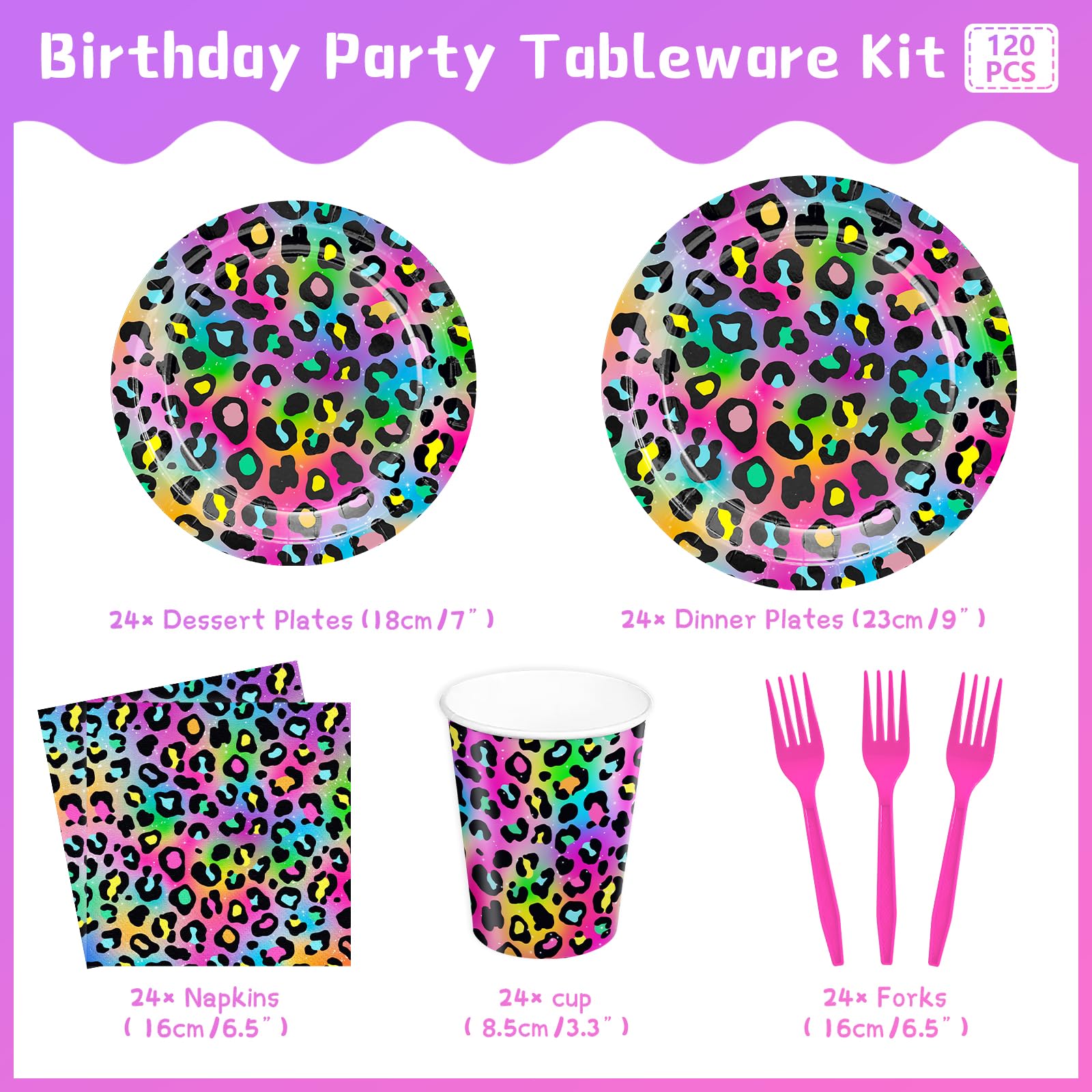 XIENBLOC 120pcs Neon Rainbow Leopard Birthday Party Supplies Plates Napkins Cheetah Girl's Sparkly Splatter Paper Tableware Set Disposable Cups Pink Forks 24 Guests