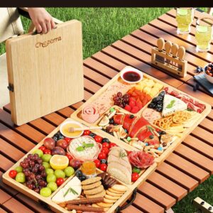 Charcuterie Boards Gift Set, Chezerra Bamboo Cheese Board Set, Folding Cheese Board with Handle, Cheese Knife Set - Unique White Elephant, House Warming, Wedding Gift, Portable Outdoor Cheese Plate