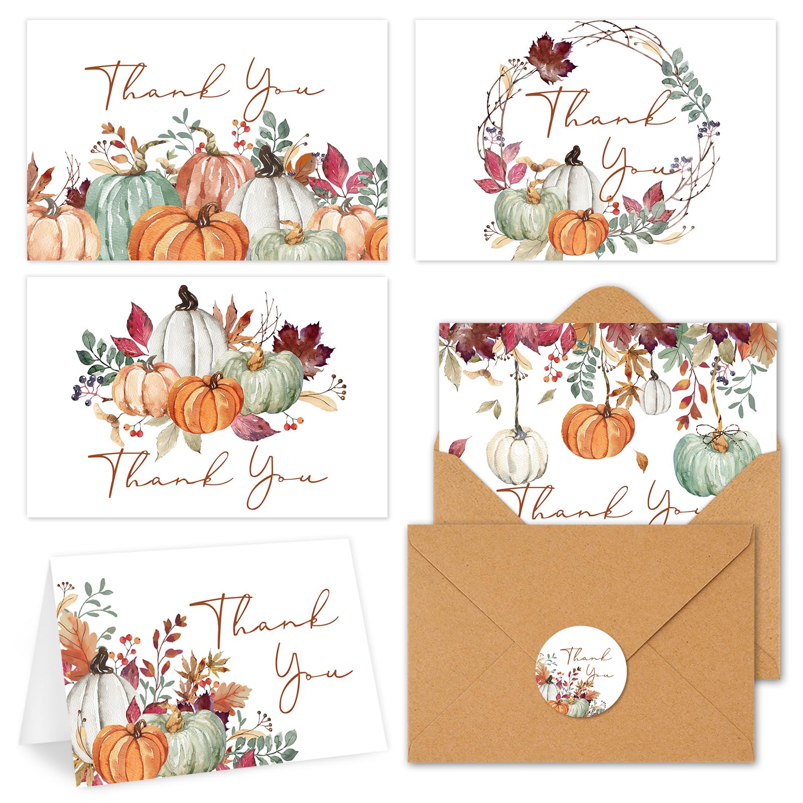 Whaline 30 Pack Fall Thank You Cards Bulk Watercolor Autumn Leaves Pumpkin Thank You Note Cards with Kraft Envelopes Stickers for Wedding Thanksgiving Harvest