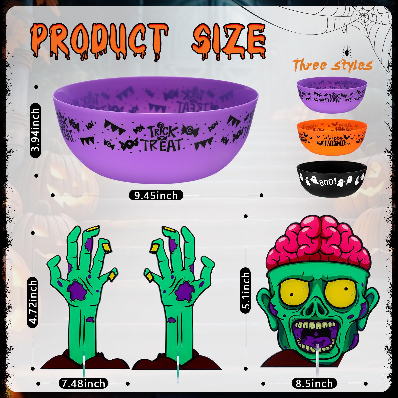 Tioncy 3 Set Large Halloween Candy Bowl with Spooky Zombie Head Hand,Plastic Trick Treat Candy Bowl Dish Halloween Serving Bowl Candy Holders Halloween Party Supplies Home Decor