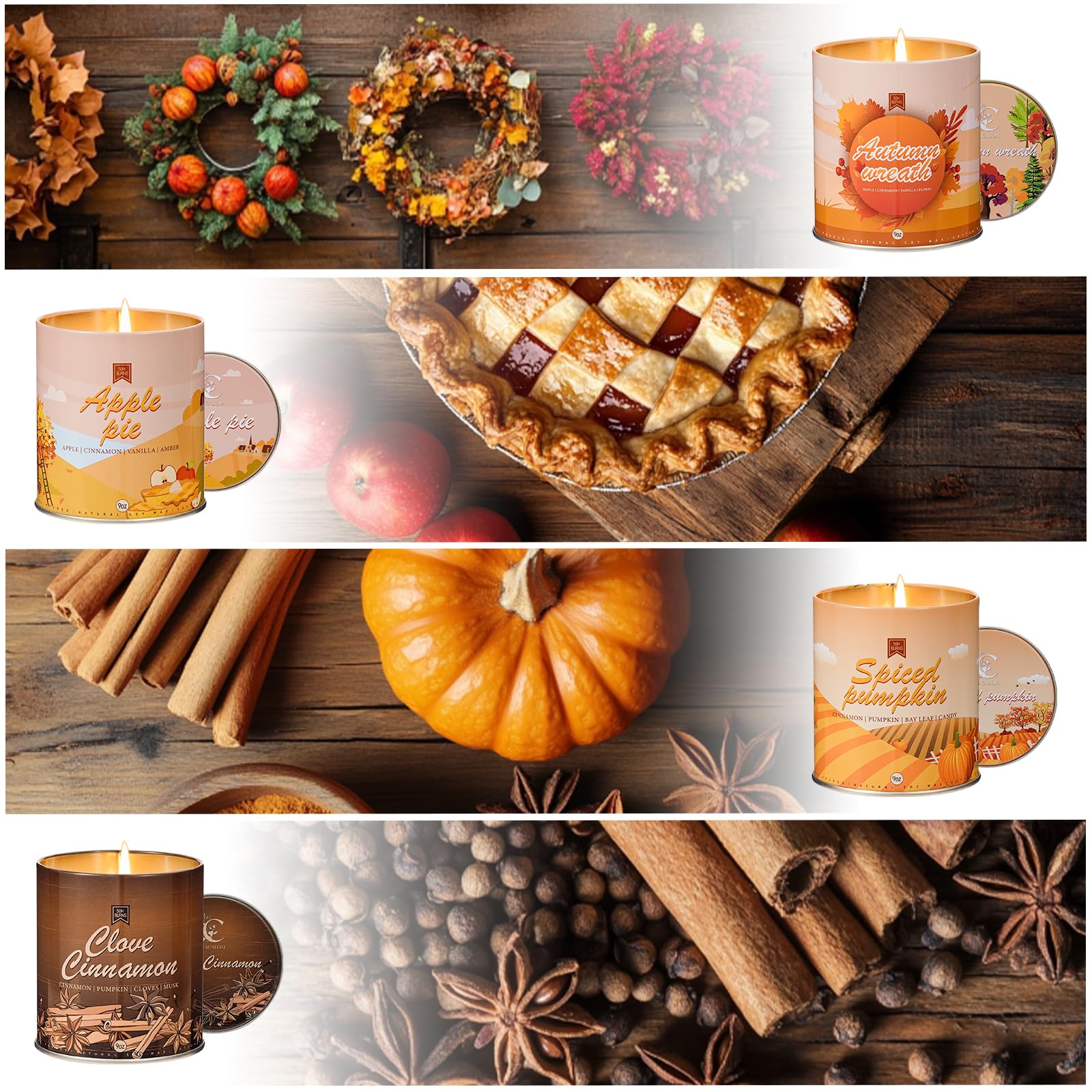 Fall Candle Set, Fall Scented Candles for Home, 4 Pack Autumn Candle Soy Wax Candles for Home Scent, Fall Gifts for Women Men, Fall Fragrance of Pumpkin/Autumn Wreath/Apple Pie/Clove Cinnamon