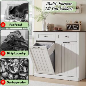 IFBUY Double Tilt Out Laundry Hamper Cabinet, 20 Gallon Farmhouse Trash Can Cabinet with Drawer, Hidden Wood Garbage Can Bin Cabinet with Laundry Storage Basket for Bathroom, Kitchen (White)