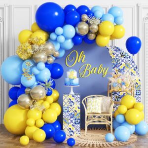 blue yellow balloon arch kit, royal blue light blue yellow balloon garland, blue yellow gold bridal wedding balloons for birthday wedding baby shower lemon bridal shower party decorations