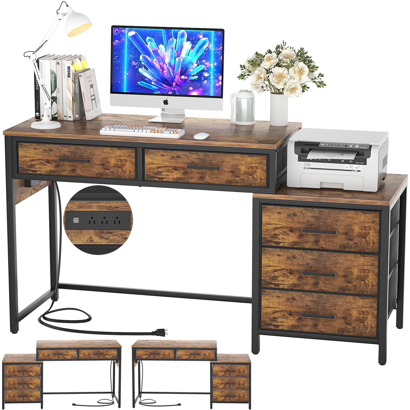 Hyomdeck Computer Desk with 5 Drawer, Reversible Office Desk with Power Outlets and USB Charging Port, Sturdy Writing Table with File Cabinet Printer Stand, PC Desk for Small Spaces, Rustic Brown