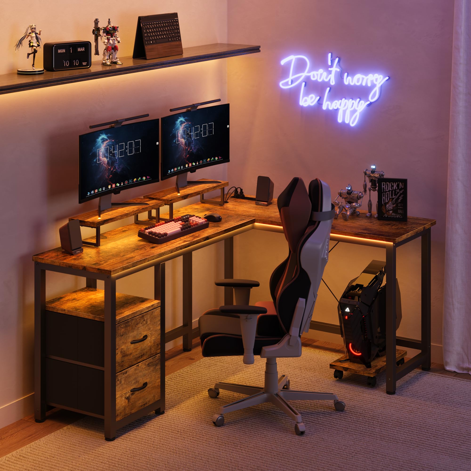 Gizoon 66” L Shaped Desk with Drawers, Large Corner Computer Gaming Desk with Power Outlet, Dual Monitor Stand and Shelves, Rustic Brown