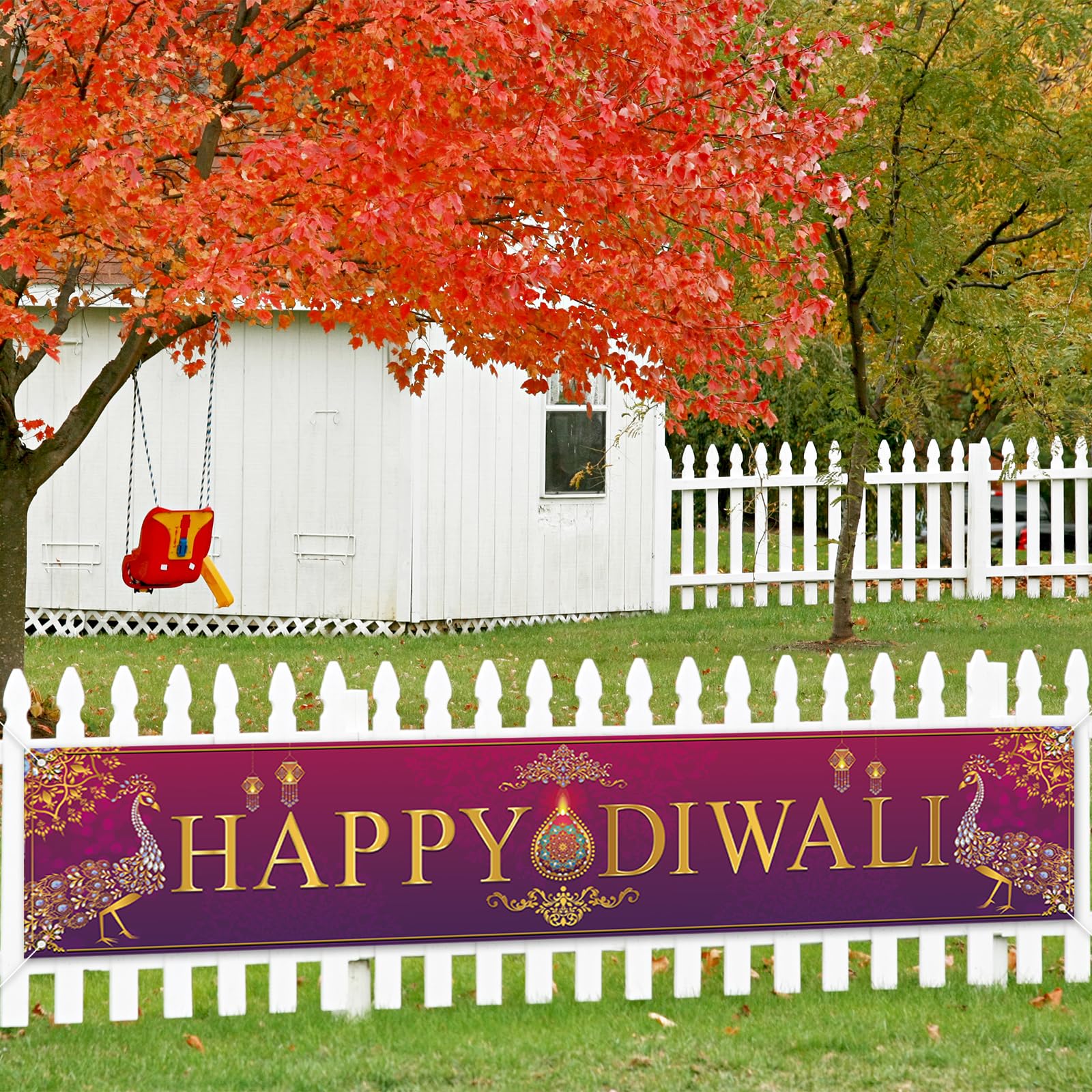 Large Happy Diwali Banner for Fence Indian Diwali Peacock Indian Deepavali Festival of Lights Party Decorations and Supplies for Home