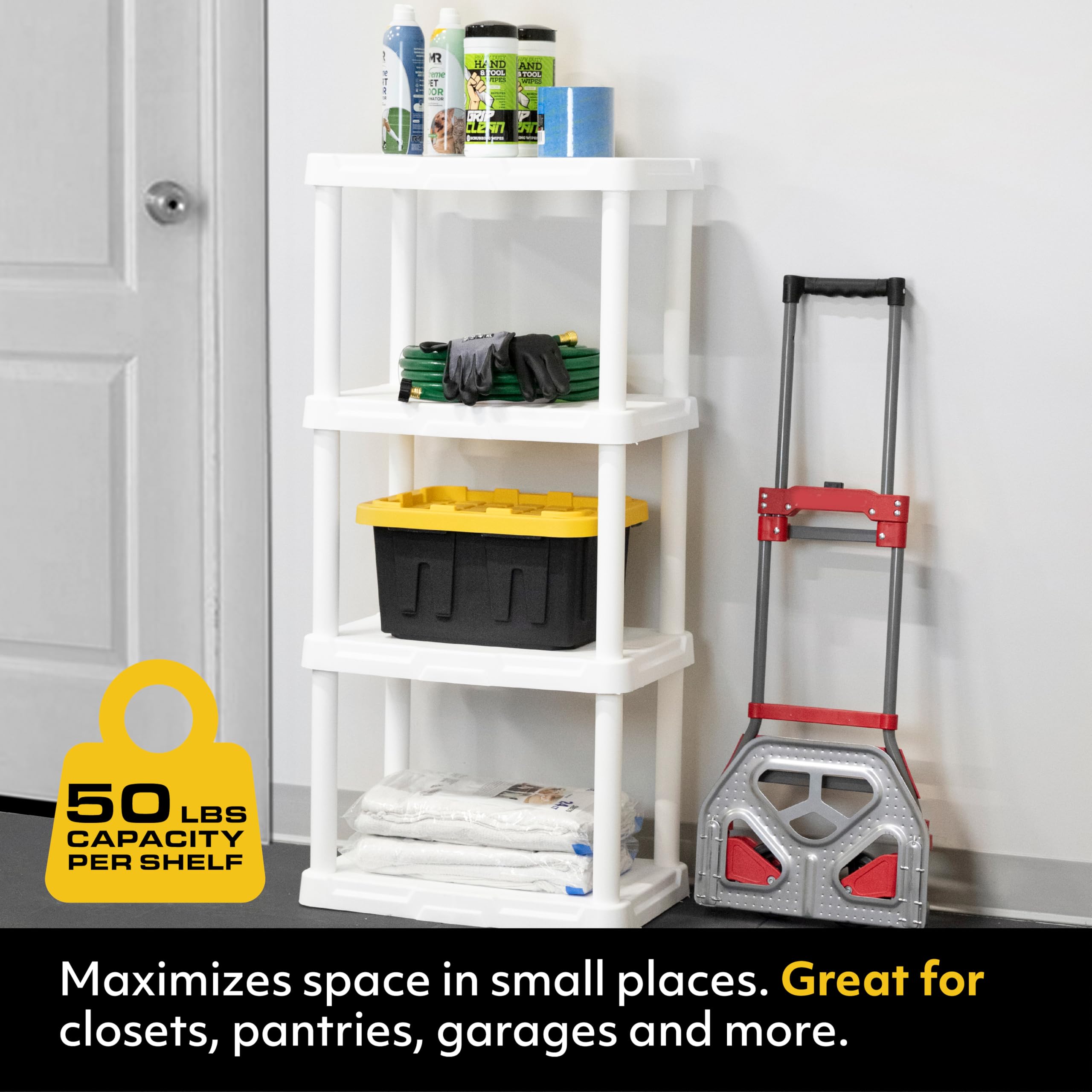 BLACK & YELLOW, 4-Tier Light-Use Plastic Storage Shelving Unit (White), 50lbs per Shelf Capacity (47”H x 22.1”W x 14.3”D), for Indoor Storage and Organization [2-Pack]