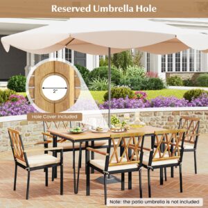 Tangkula 7-Piece Patio Dining Set, Acacia Wood Outdoor Furniture Set with 2” Umbrella Hole and Seat Cushions, Rectangular Dining Table and 6 Chairs Set for Patio Garden Poolside Backyard