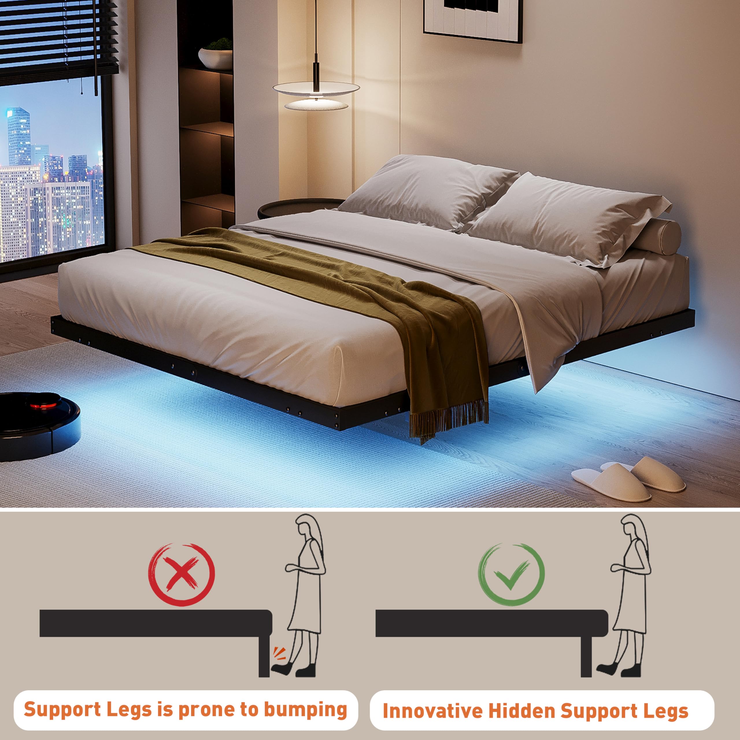 qimamo 14 Inch Floating Queen Bed Frame with Smart LED Lights and Charging Station, Modern Metal Queen Bed Frame, Easy to Assemble, No Box Spring Needed (Queen)