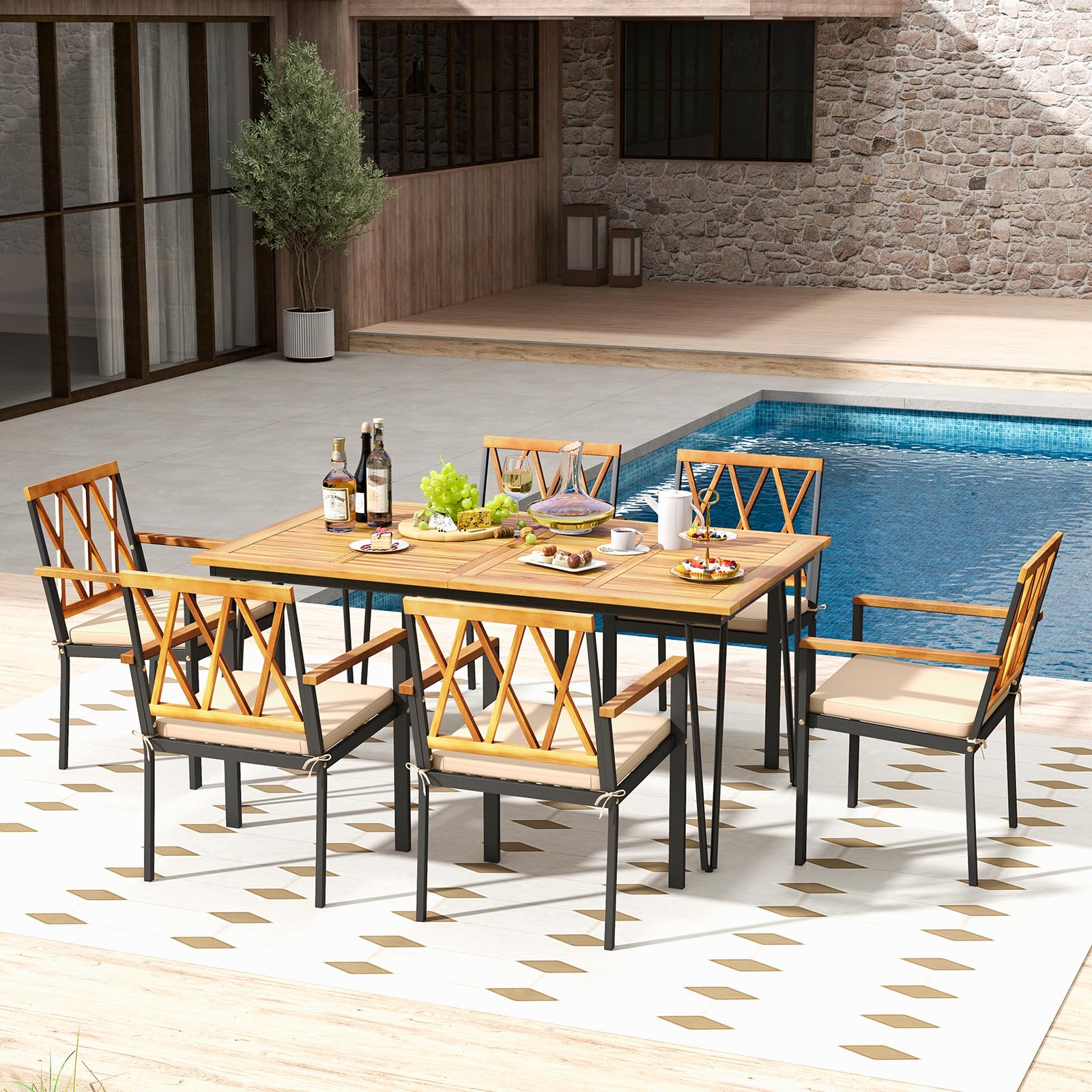 Tangkula 7-Piece Patio Dining Set, Acacia Wood Outdoor Furniture Set with 2” Umbrella Hole and Seat Cushions, Rectangular Dining Table and 6 Chairs Set for Patio Garden Poolside Backyard