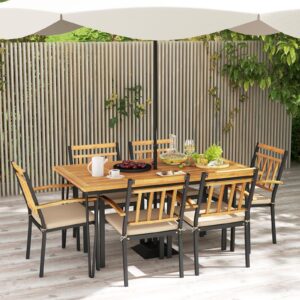 Tangkula 7 Pieces Patio Dining Set with Acacia Wood Dining Table & Armchairs, Soft Cushions, 2” Umbrella Hole, Outdoor Dining Furniture Set for Porch, Backyard, Garden, Poolside