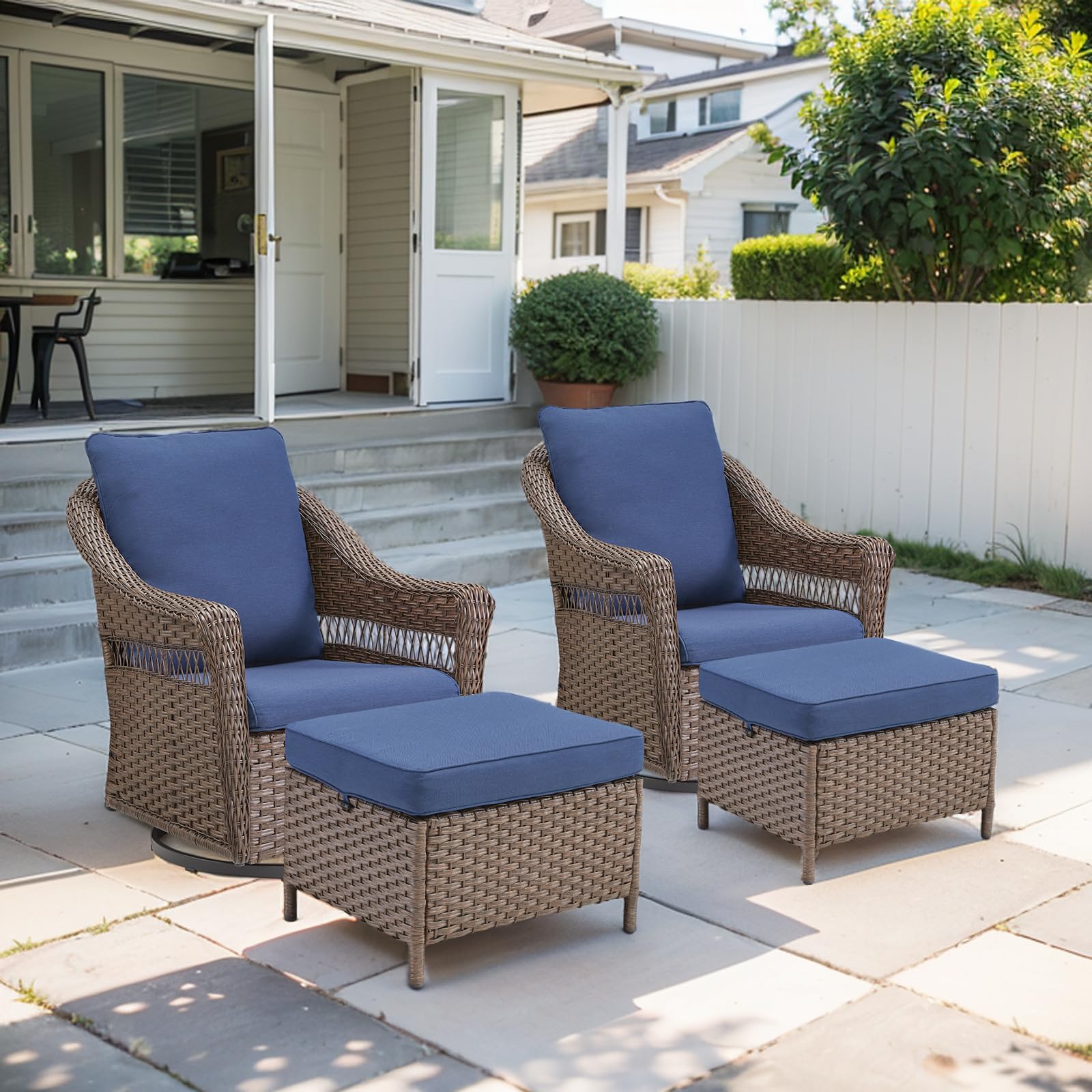 PLANNTONNEO Patio Furniture Set Outdoor Rattan Wicker Swivel Rocking Chairs 4 Piece Conversation Set with Soft Cushion and Ottoman for Balcony Garden Deck Backyard Porch, Blue